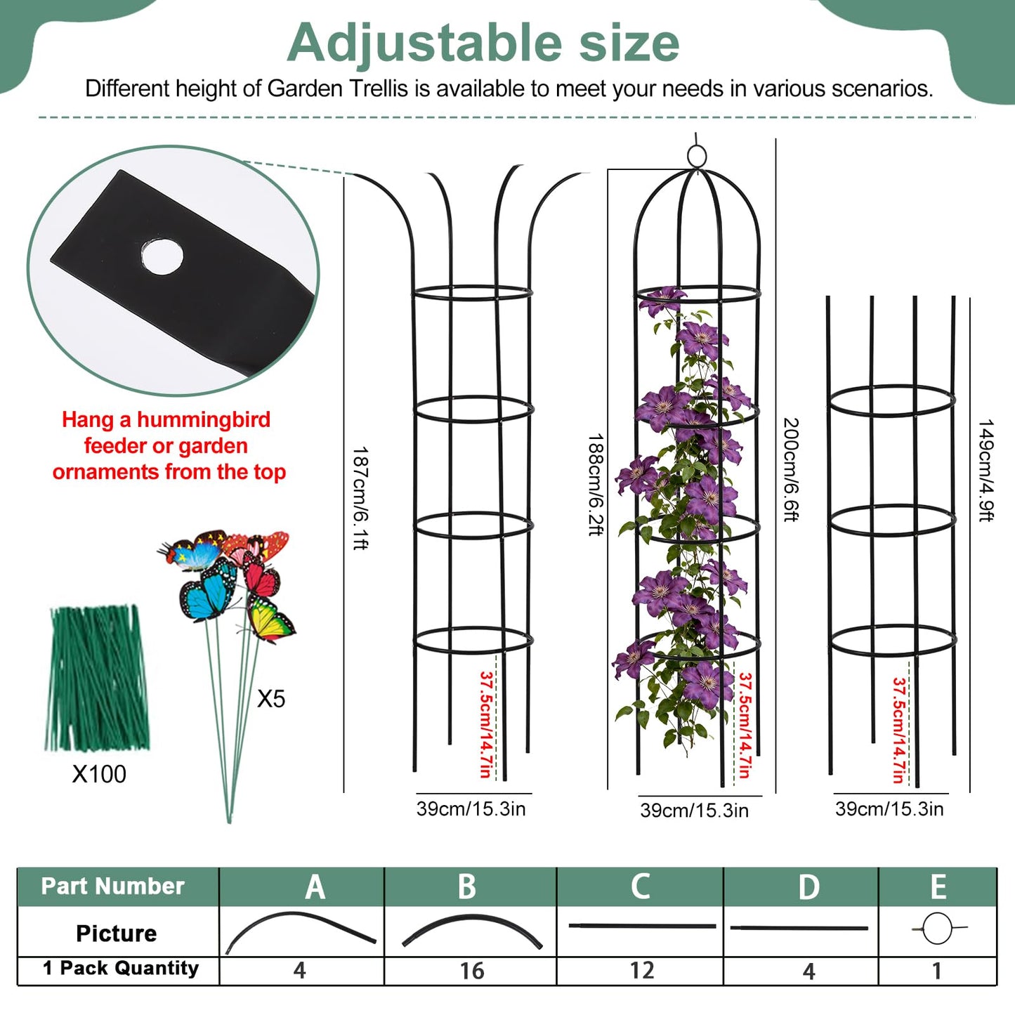100% Metal Tower Obelisk Garden Trellis 6.6 Ft Plant Support for Climbing Plants Rose Bush Round Trellis for Pots Rustproof Metal Plant Flower Trellises for Clematis Vine Jasmine Outdoor Indoor
