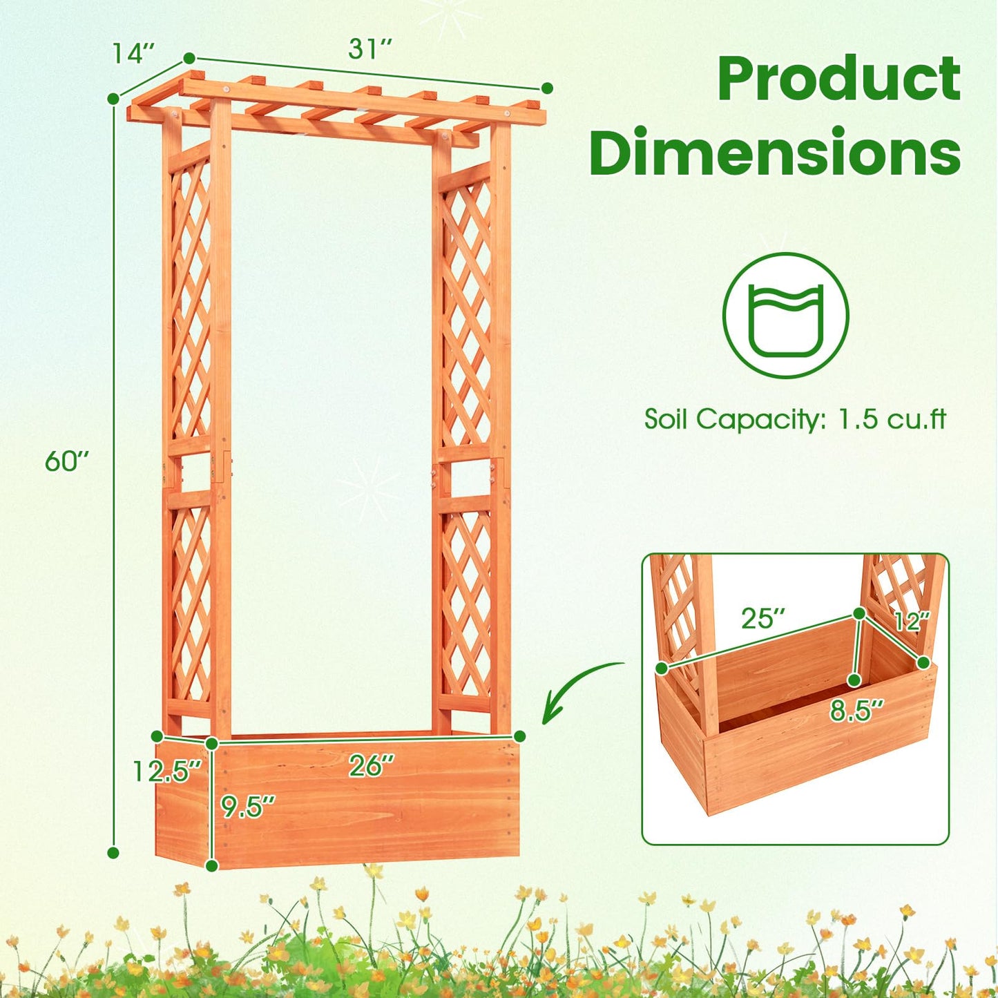 LDAILY Raised Garden Bed with Trellis, Above Ground Garden Bed with Hanging Roof, Side Trellis, & Drainage Holes, Planter Box for Outdoor Climbing Plants Vines Flowers (1, 31" L x 14" W x 60" H)