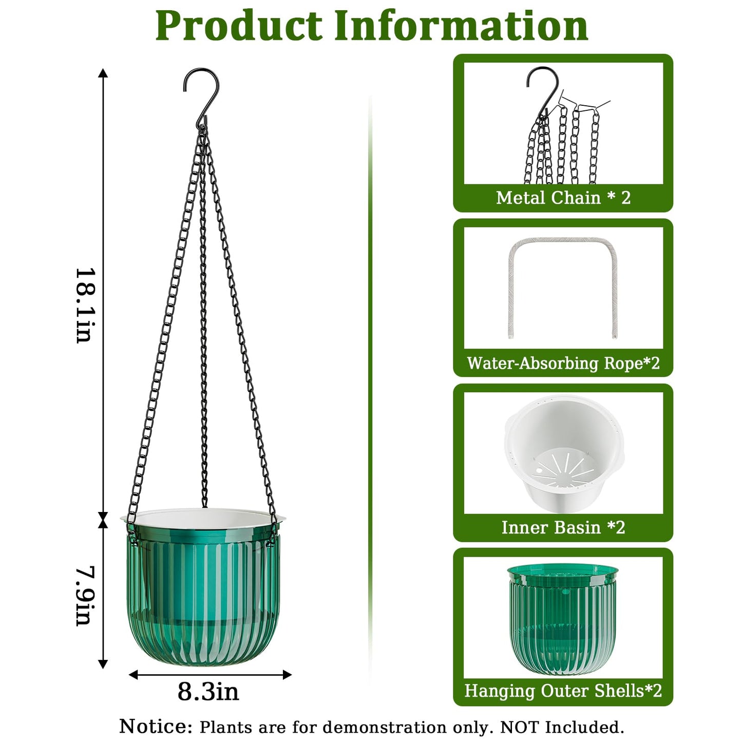 Halatool 8.3 Inch Hanging Pots for Plants Indoor- 2 Pack Self-Watering Hanging Planters Flower Pots, Plant Hanger with Hooks Drainage Holes for Garden Home (Green)