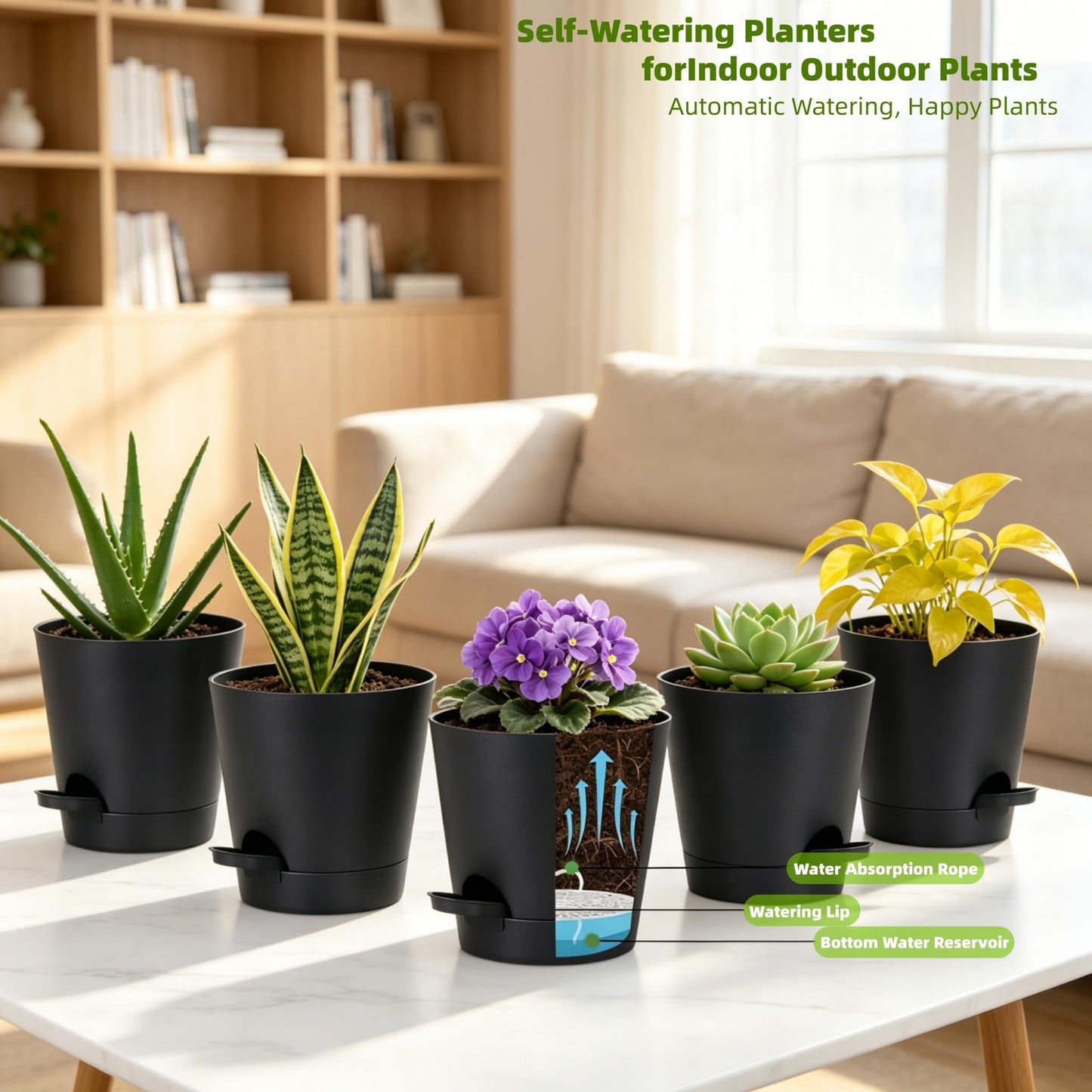 zople 12 Pack 4 Inch African Violet Pots Self Watering, Self-Watering Planters with Drainage Holes & Reservoir, Black Plastic Pots for Indoor Outdoor Plants, Succulents & Flowers