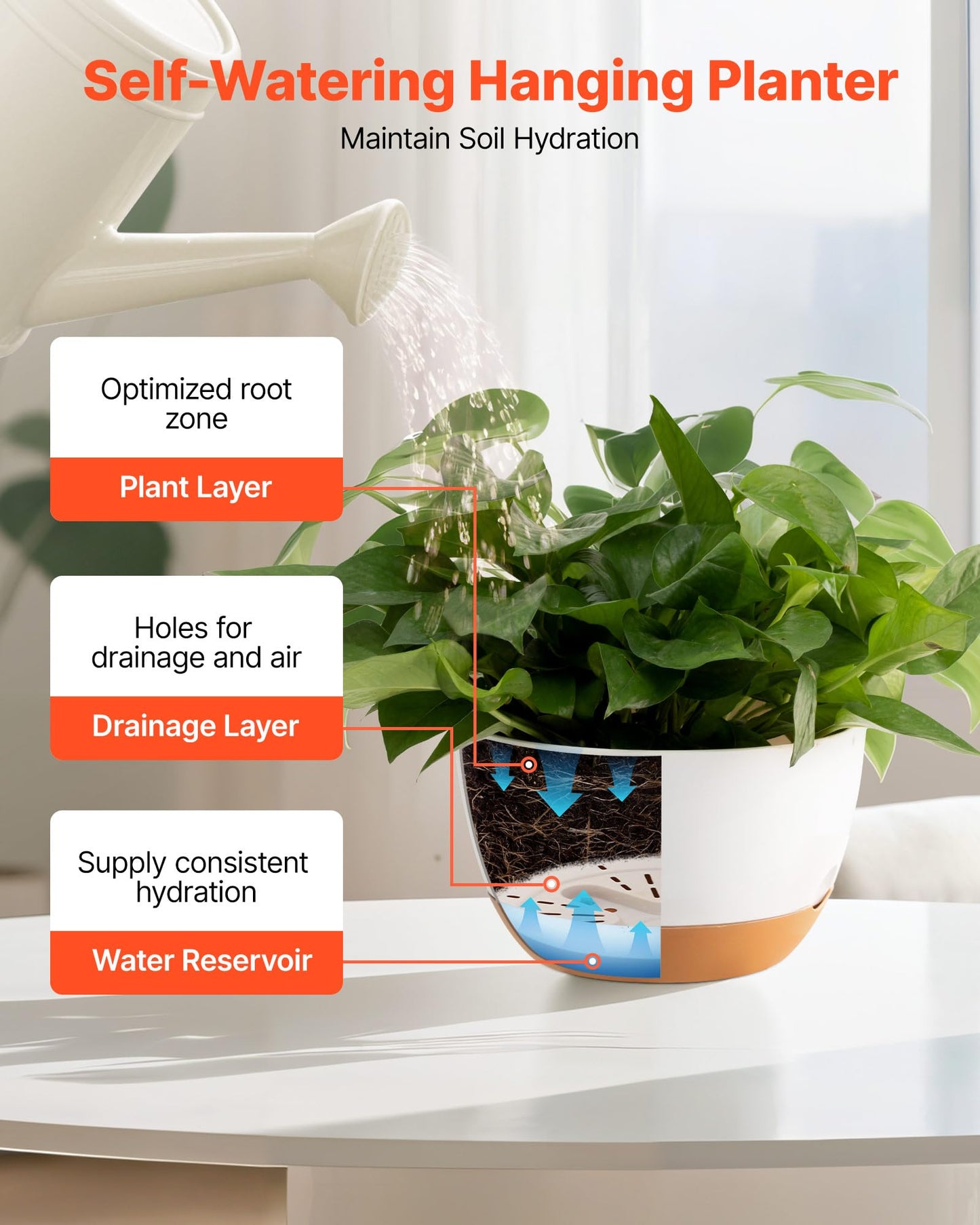 VEVOR Hanging Planters, 10 Inch Self-Watering Hanging Planter, 2 Pack Flower Pots with Drainage Hole & 2 Kinds of Plant Hangers, Plastic Basket Pots, for Garden Home Decor, Indoor & Outdoor Plants