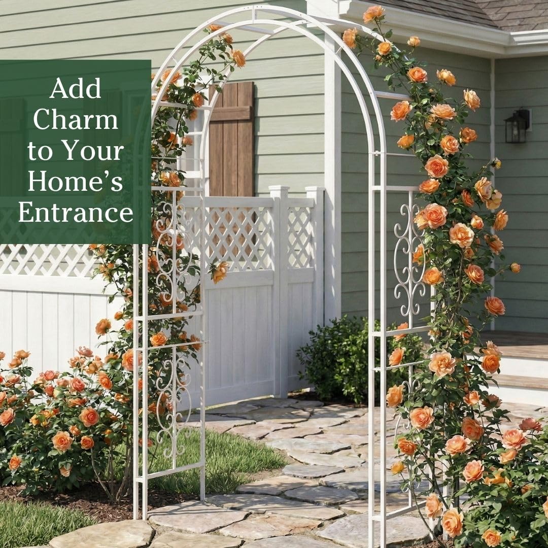 Plow & Hearth Arch Metal Outdoor Garden Arbor Montebello White, 7 Feet Tall, Iron Trellis Lattice for Climbing Plants, Wedding Arch, Outdoor Patio Décor
