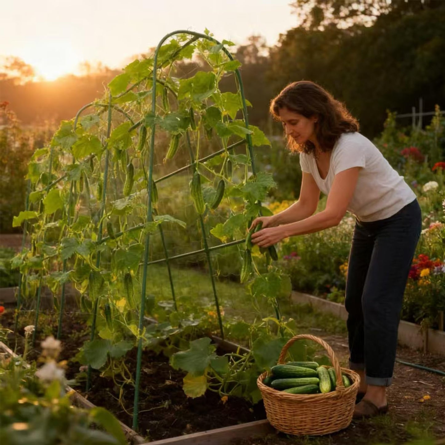TIUIRE Cucumber Trellis for Raised Beds & Gardens - Sturdy Arch Trellis for Climbing Plants, Tomatoes, Peas & & Beans | Outdoor Vegetable Support for Vines (63" Lx30 W x47.2 H)