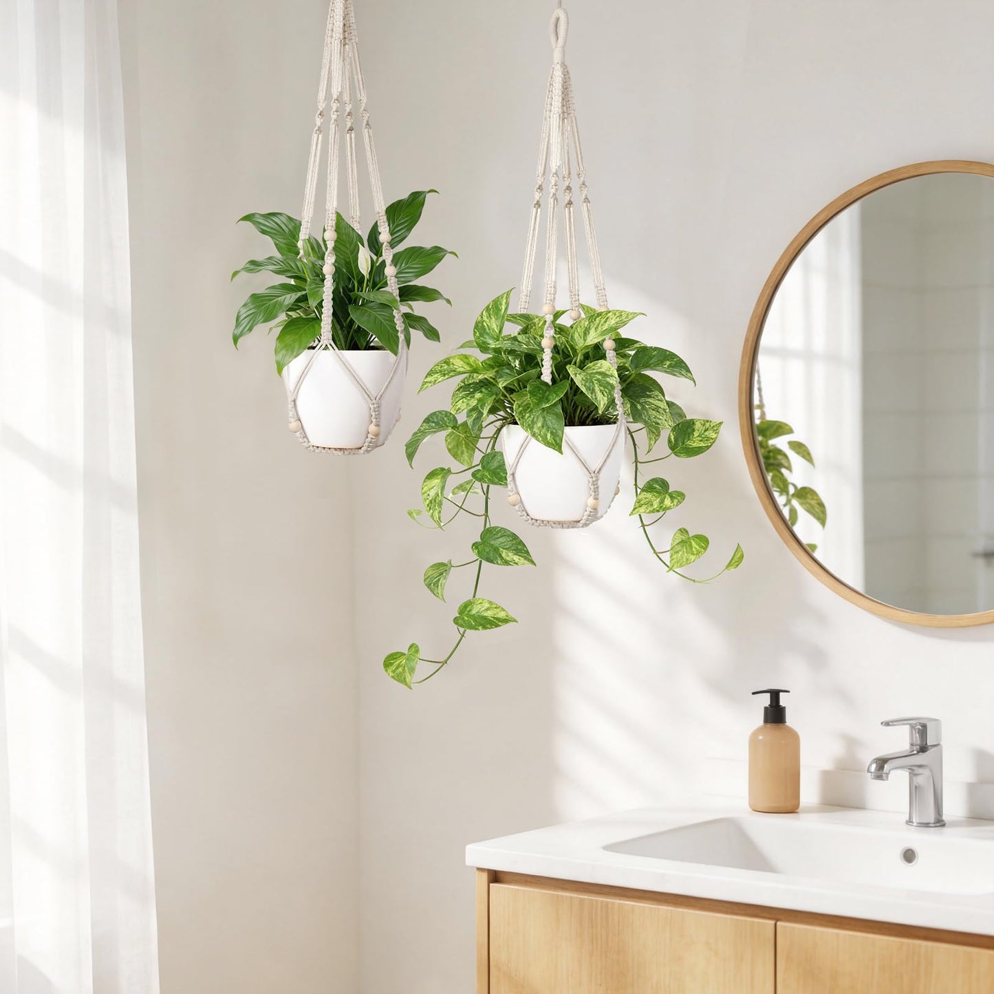 Dahey Set of 2 Macrame Plant Hanger Indoor Hanging Planter Basket with Hooks Flower Pot Plant Holder No Tassels for Boho Home Decor, 35 Inch