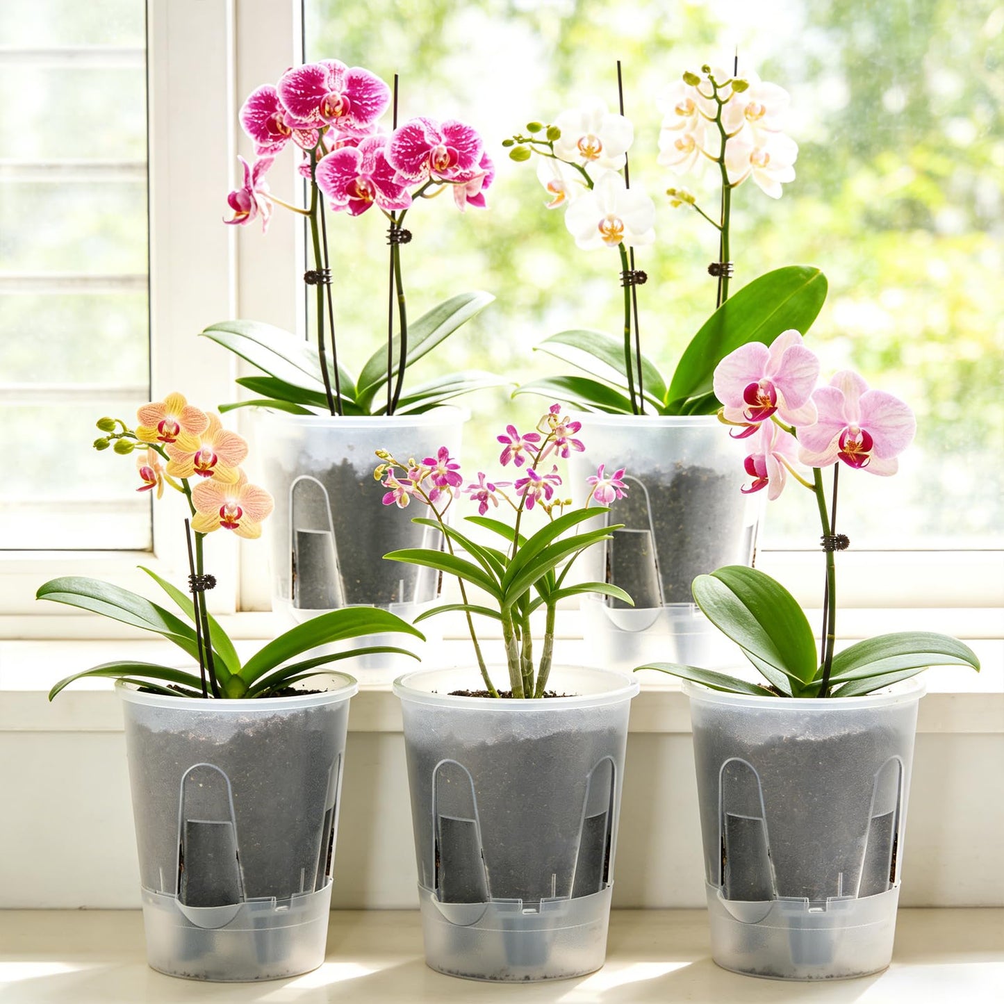 IWNTWY Plant Pots 6 inch Set of 5, Self Watering Pots for Indoor Outdoor, Upgraded Water Inlet Self Watering Planters Flower Pots with Drainage Hole and Clear Saucer Reservoir (Clear)