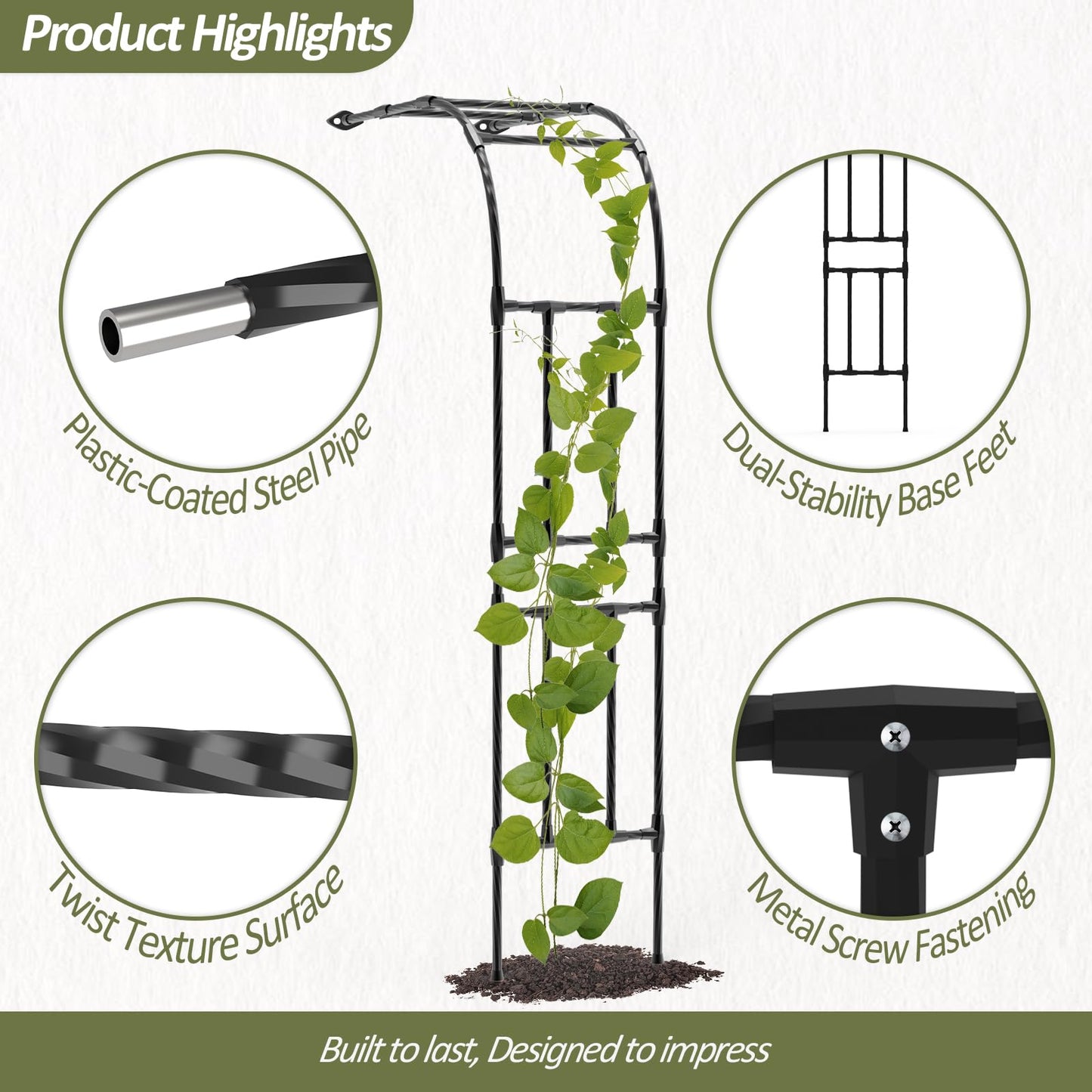 Trellume Half Garden Arch - Wall Trellis for Climbing Plants Outdoor, Metal Arch with Plastic-Coated Steel Pipe, Arbor Trellis for Lawn, Patio, Backyard Decorations, 47in(L)*94.5in(H)