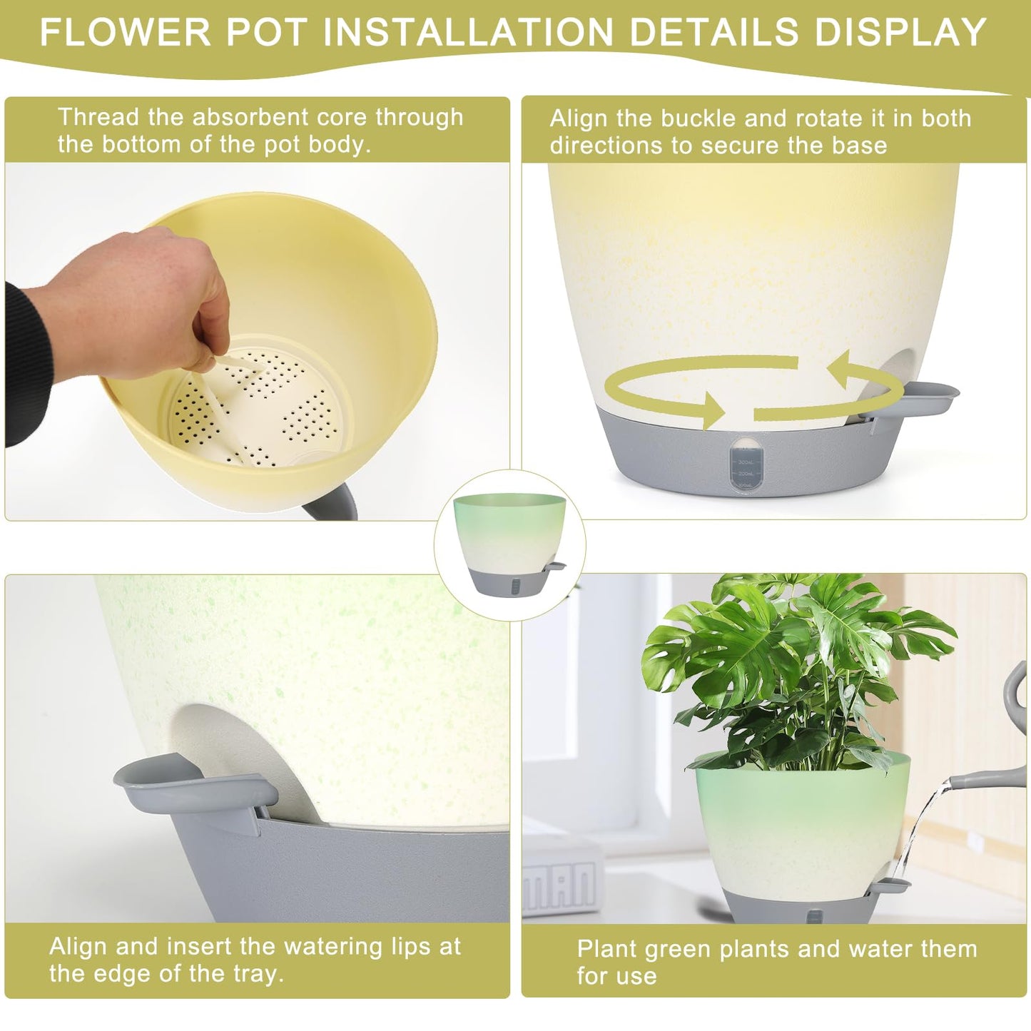 YUNLINGAA 4-Piece Planter Set, 12/10/9/8-inch Self-Watering Pots with Drainage Holes, Deep Trays, Water Level Indicators, Suitable for Plants (12/10/9/8-inch, White Gradient Design)