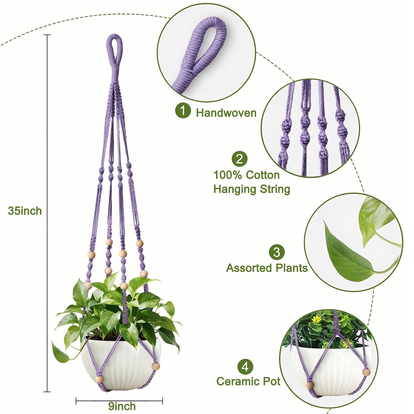 wocoxo 35 Inch Macrame Plant Hanger, Hanging Planter Basket with Wood Beads, Decorative Flower Pot Holder for Indoor Outdoor Boho Home Decor, Set of 2 (Purple)