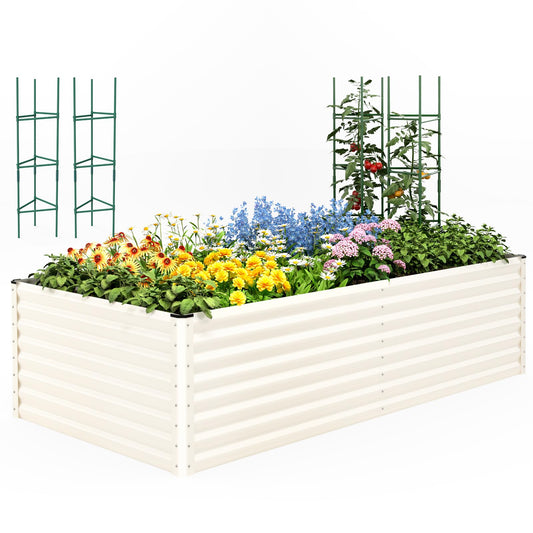 Quictent Galvanized Raised Garden Bed 8x4x2 Ft Tall Metal Planter Box for Vegetables Bottomless for Backyard, 2 Tomato Cages Included, 22.04" Deep, Beige