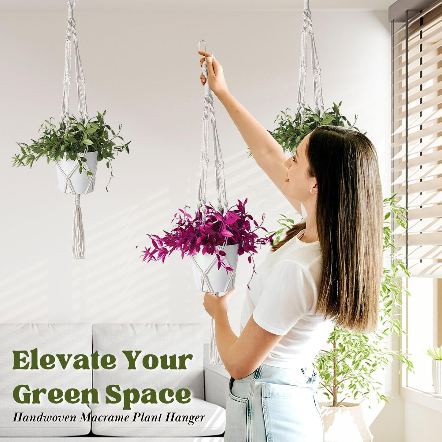 Flexzion 2 Pack White Macrame Plant Hanger - 41 Inch Macrame Hanging Planter with C & S Hooks - Indoor Hanging Plant Holder with Woven Cotton Rope for Home Decor (Plant Pot Not Included)