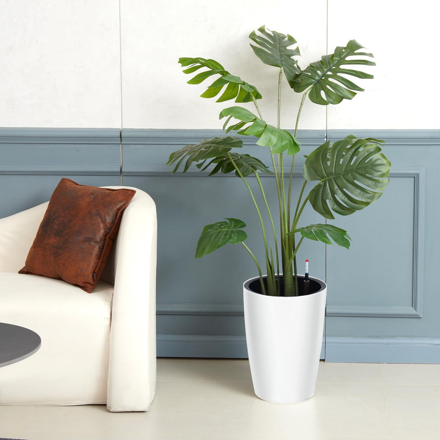 16" Tall Planter Set of 4, Self Watering Pots, Large Planter for Indoor Outdoor Plants, Built-in Drainage and a Water Level Monitor, Tall Planters for Patio, Porch, Living Room, Home Office, White