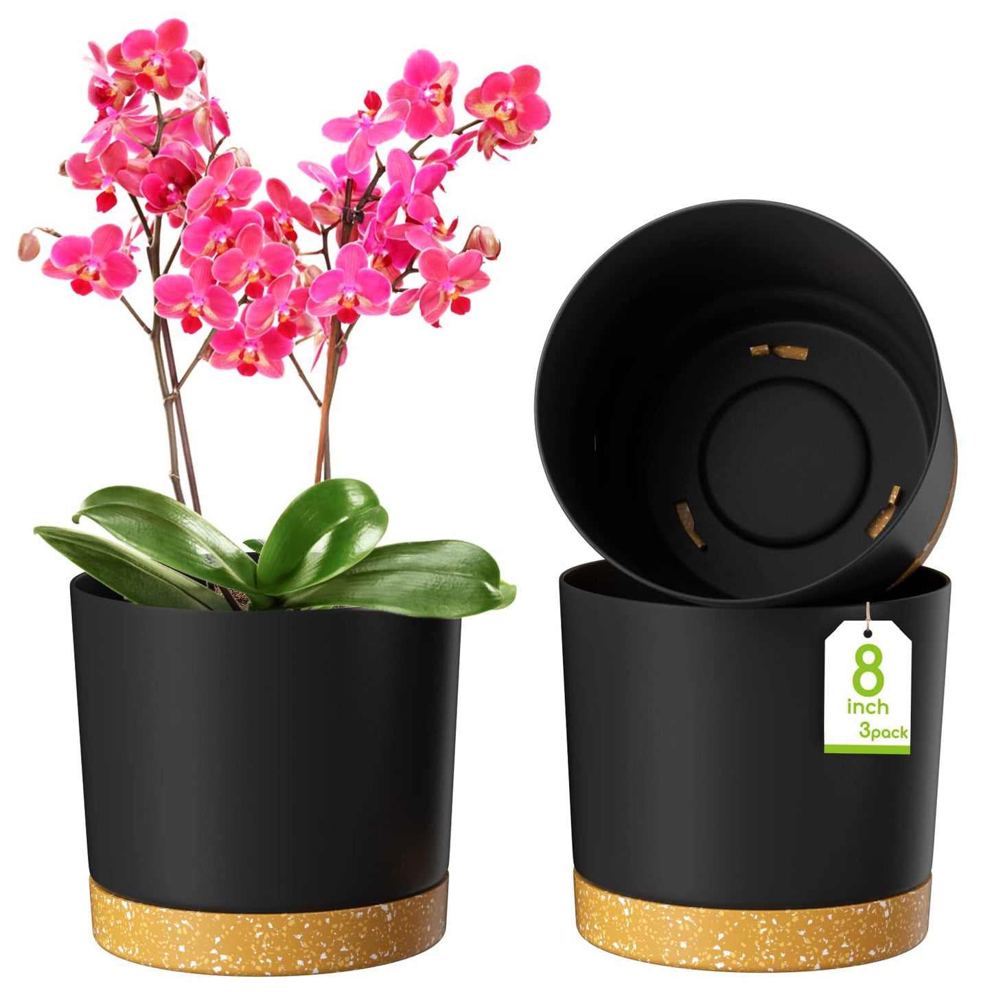 ZMTECH Planters for Indoor Plants, Plant Pots & Flower Pots, Plastic Plant Spring 3 Pack 8 Inch Self Watering Planter with Drainage Hole and Saucer, Modern Decorative for Indoor Outdoor, Dark Gray