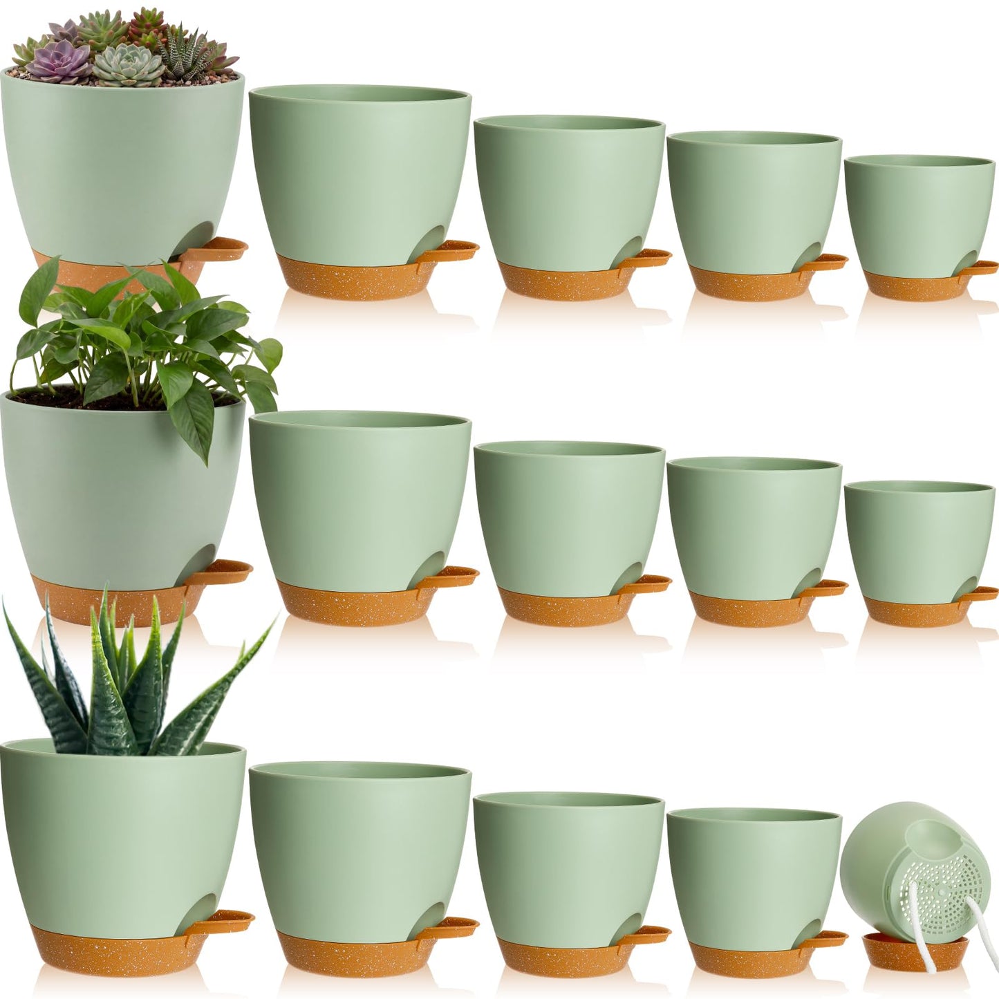 Remerry 15 Pcs 7/6.5/6/ 5.5/5 Inch Self Watering Planters with Drainage Hole Plant Pots Plastic Flower Pots Self Watering Pot and Saucer Reservoir for Garden Plant Flower(Green)