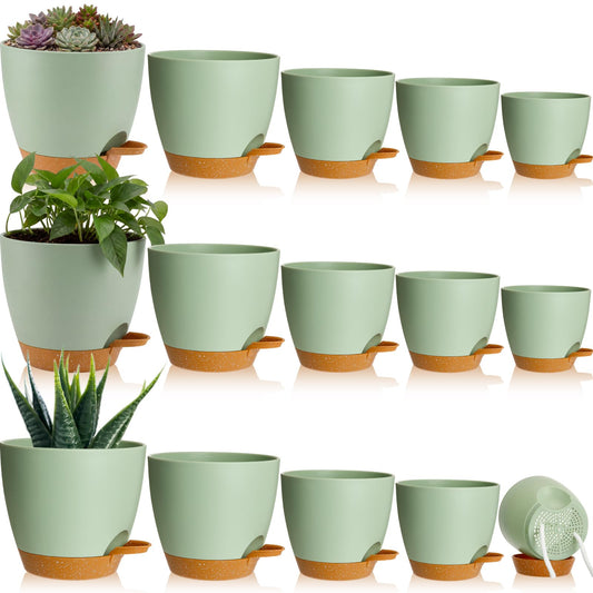 Remerry 15 Pcs 7/6.5/6/ 5.5/5 Inch Self Watering Planters with Drainage Hole Plant Pots Plastic Flower Pots Self Watering Pot and Saucer Reservoir for Garden Plant Flower(Green)