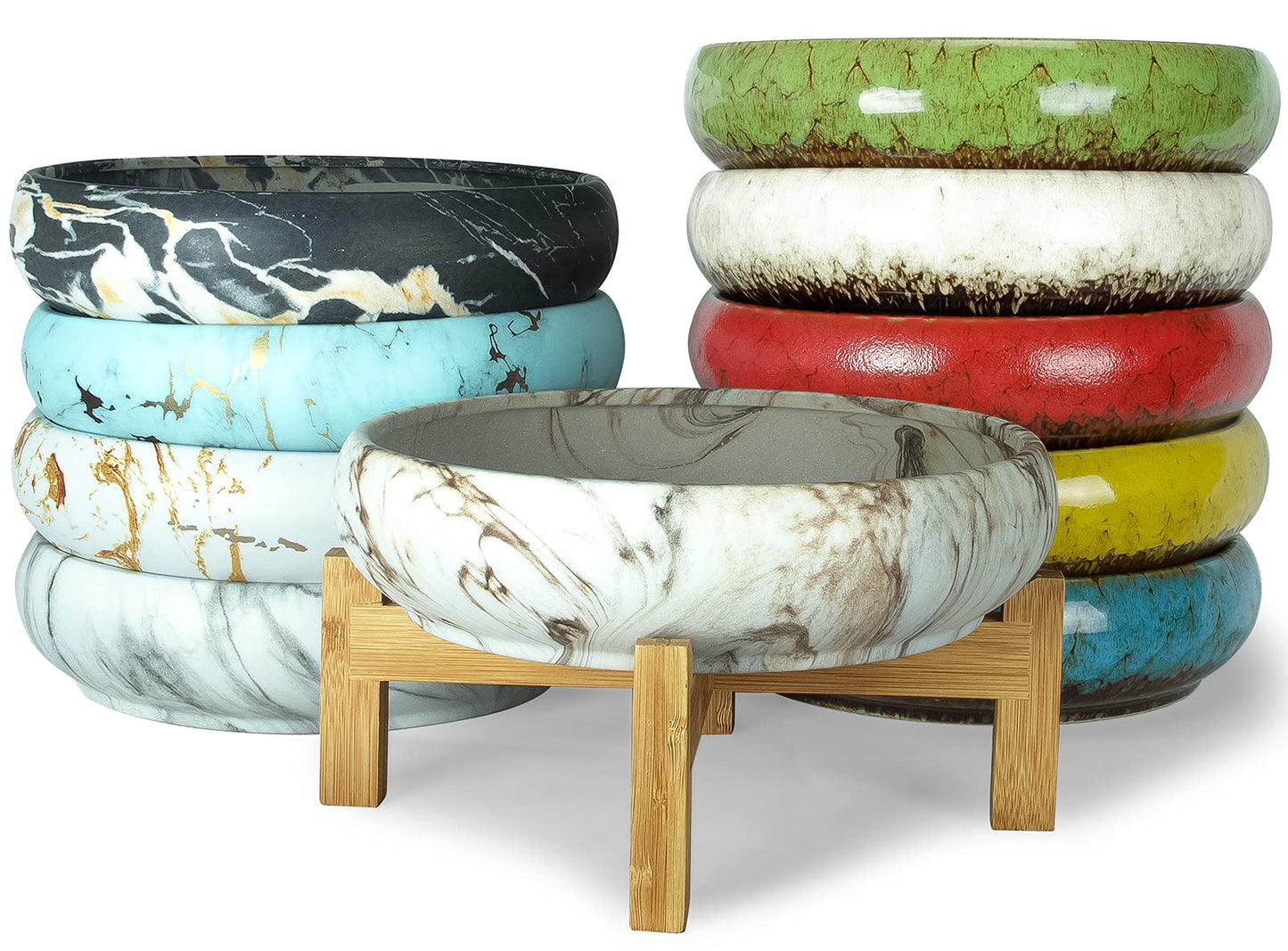 ARTKETTY Succulent Pots - 10 Inch Large Bonsai Pots with Drainage Stand, Ceramic Planters for Indoor Plants, Round Marble Cactus Flower Plant Container Bowl