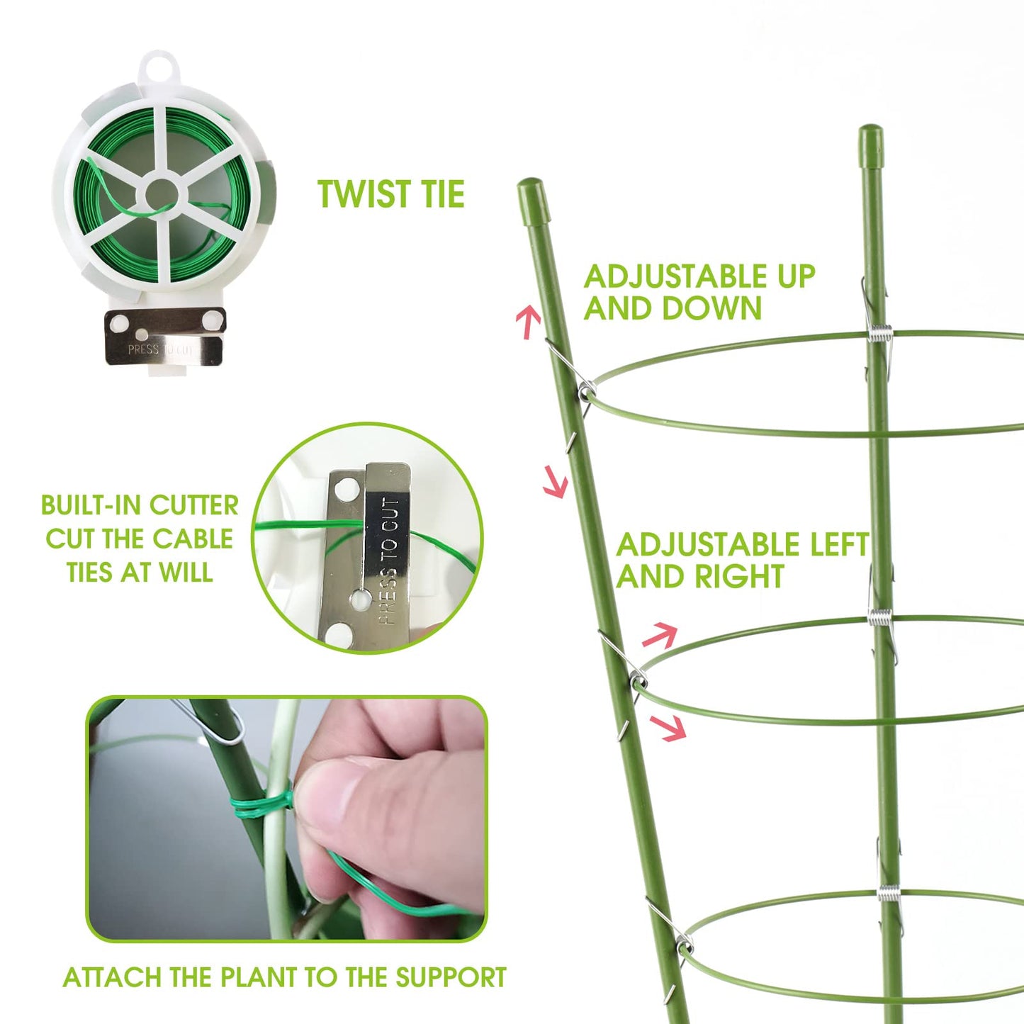 Kgozwon 4 Pack Tomato Cage Plant Support Cages for Garden, 18 inches Trellis for Climbing Plants, Upgrade Garden Plant Stakes with Adjustable Ring, Tomato Rings for Support, with Twist Tie