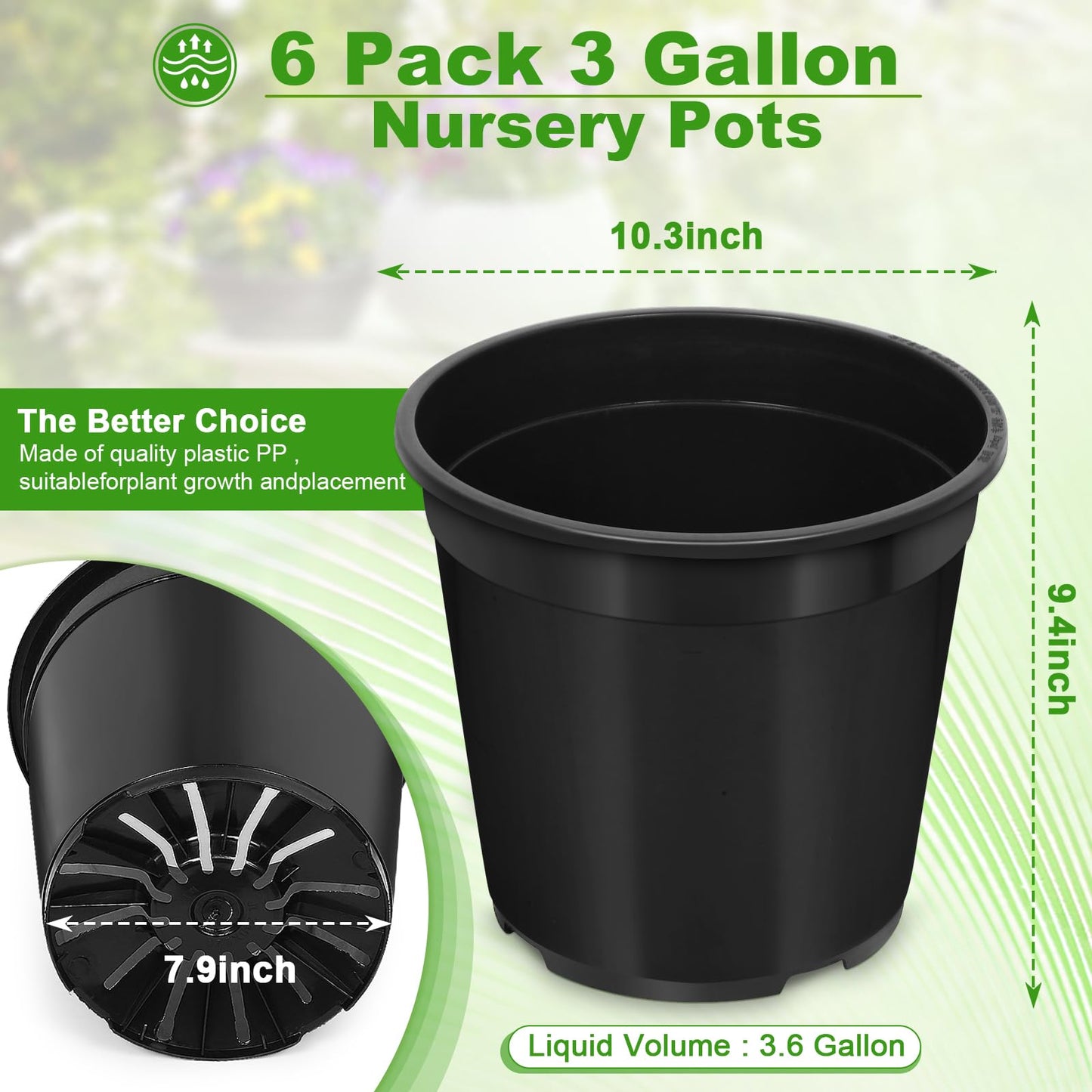 DUNPUTE 6 Pack 3 Gallon Pots for Plants, 3 Gallon Plastic Nursery Pot with Drainage Holes, Sturdy Plastic Plant Pots for Nursery Garden, Flowers, Succulent Outdoor Indoor (Black, 3 Gal- 6 Pack)