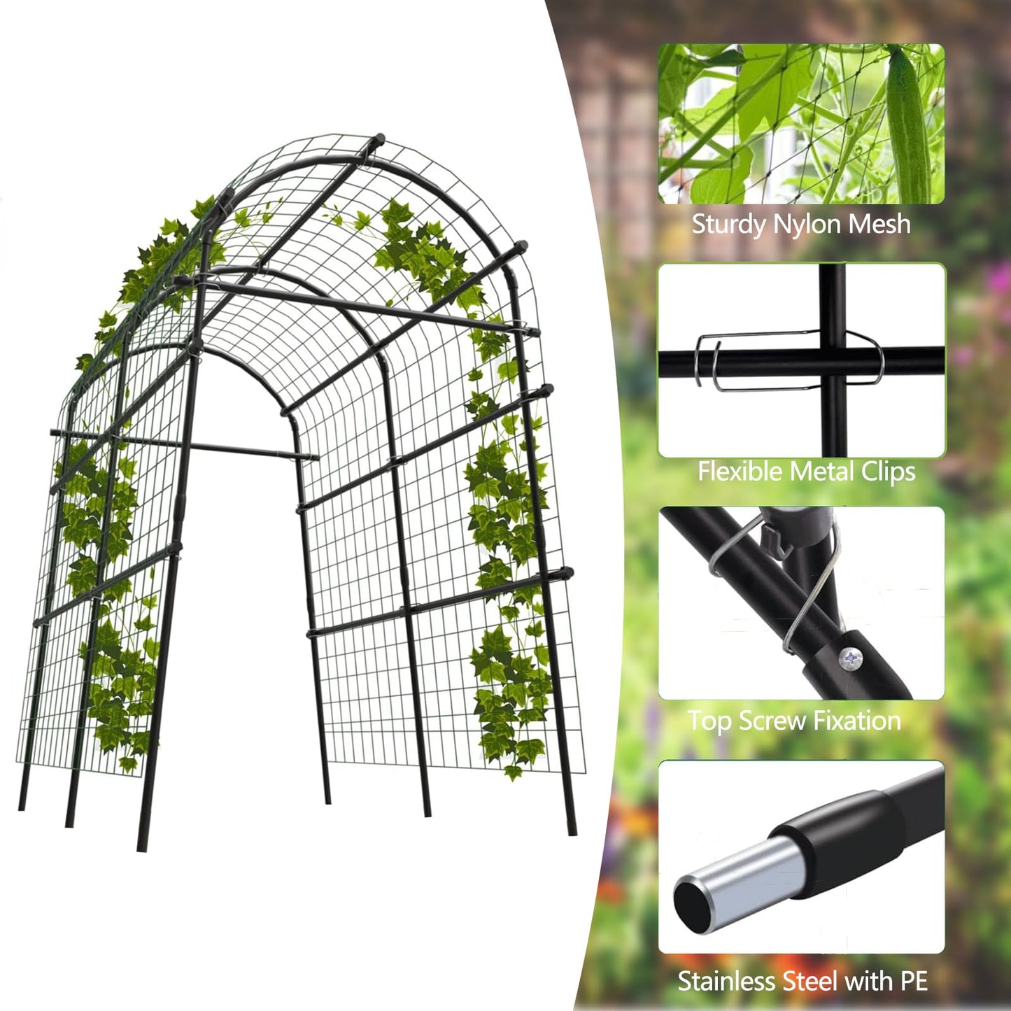 GarveeLife 7.5FT Metal Garden Arch Trellis with Netting, Adjustable 35"–45" Arbor for Climbing Plants, Roses, Grapes & Vegetables, Weatherproof Steel Pergola with Ground Clips, Easy Fold-Out Assembly