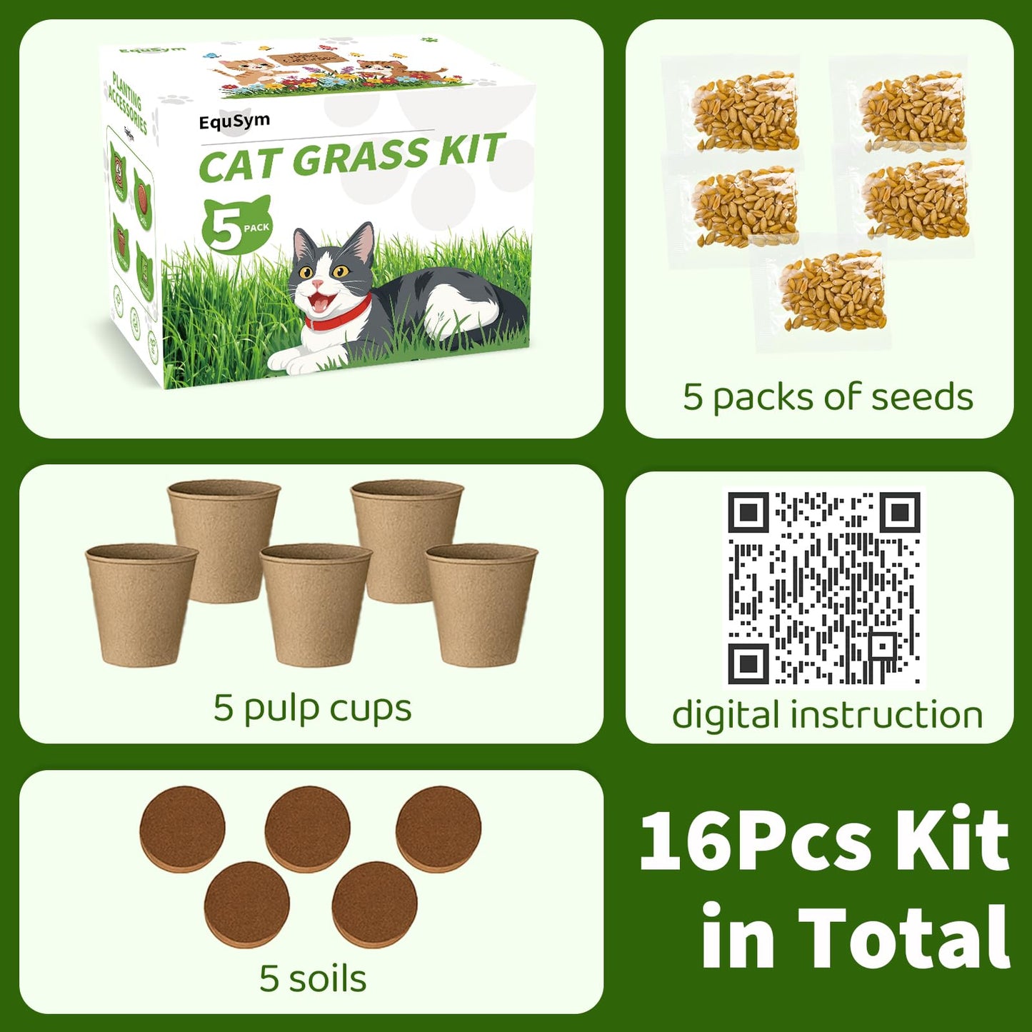 5Pack Cat Grass Seeds Kit - Cat Grass Seeds Growing Set for Indoor Cats, Non GMO Wheat Seed, Nutrient Soil & Planting Tools, Quick Germination, Perfect for Beginners