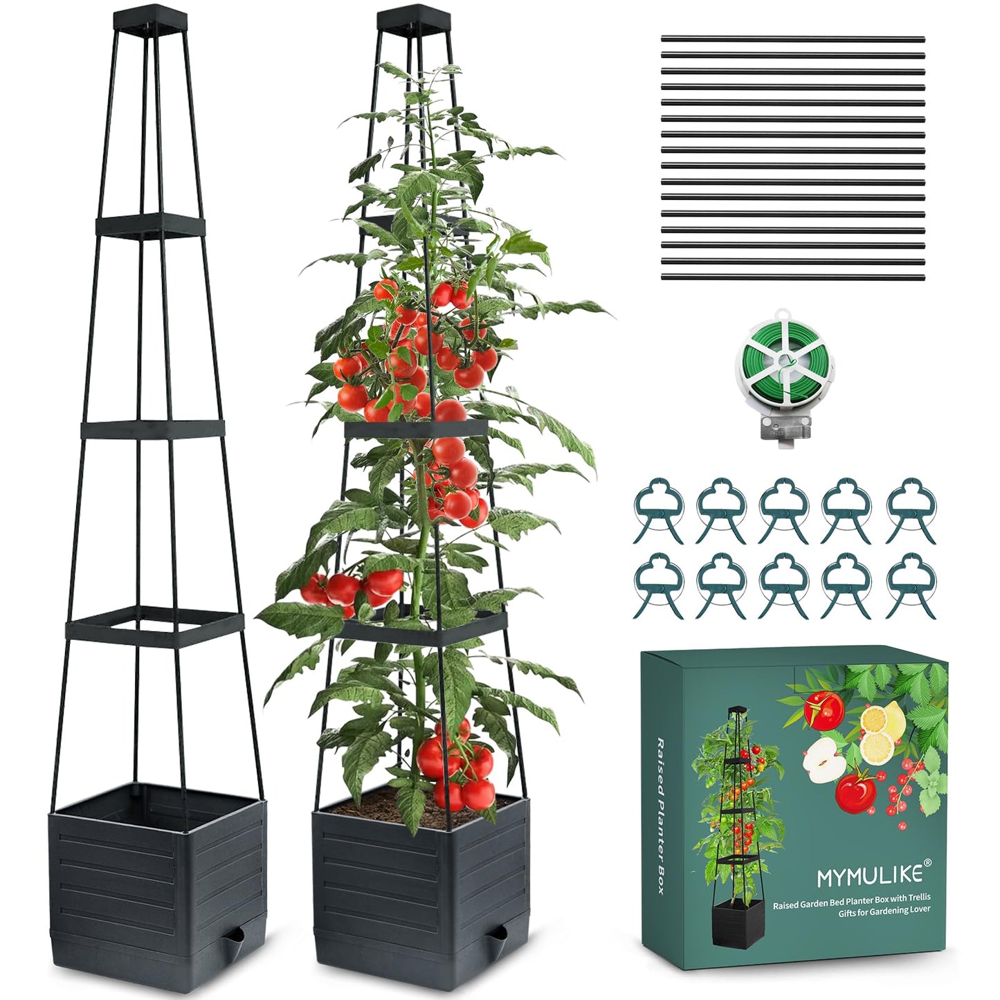 MYMULIKE Raised Garden Bed Tomato Planter with Trellis, 58" Tomato Cage for Climbing Vegetables Plant, Self Watering Pots for Indoor Plants Garden Pots Patio Greenhouse Indoor Outdoor