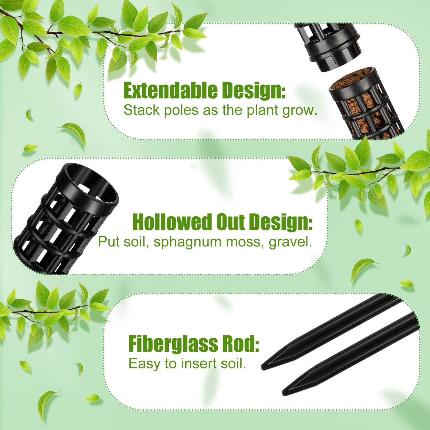 10 Set Plastic Moss Poles for Climbing Plants Indoor Stackable Self Watering Hollow Monstera Plant Support, Moss Not Included(Black)