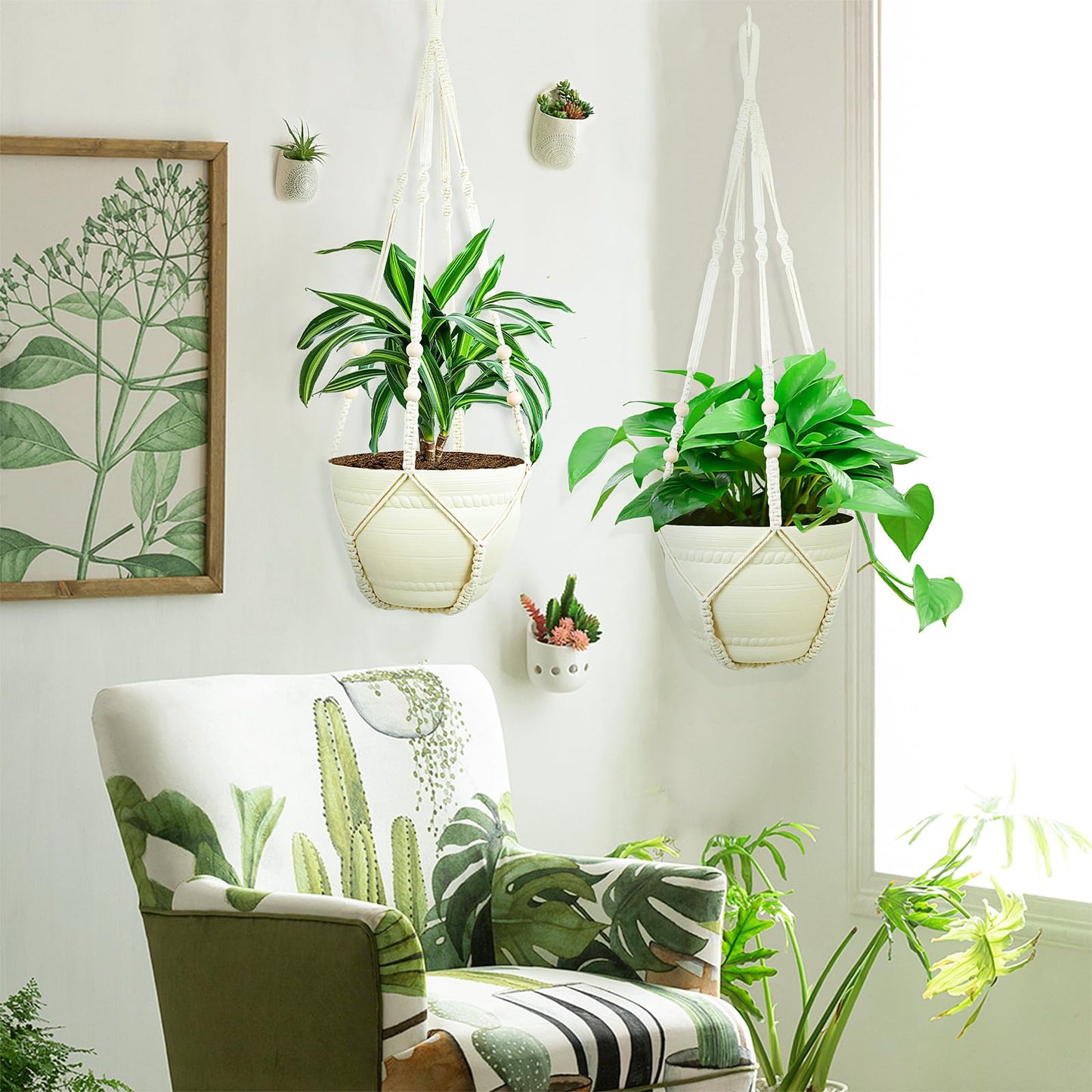 FGSAEOR Macrame Plant Holder Indoor Outdoor, Hanging 3-15 inch Pot, Bearing 20lb Planters, DIY Handmade Hanging Planter Basket, 35-Inch Extra Long Strong Boho Home Décor (2-Pack) (Ivory)