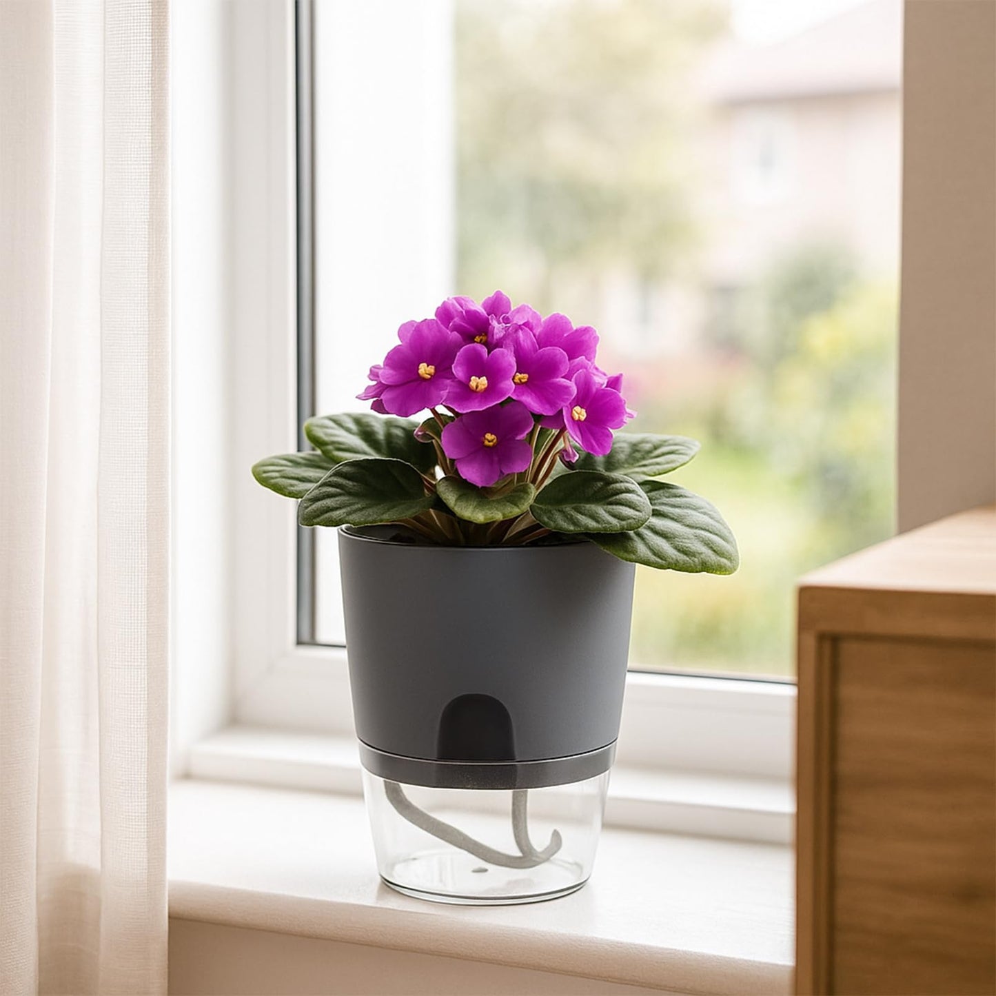 Planterhoma 8 Pack Self Watering Pots for Indoor Plants, 6 Inch Plant Pot Plastic Self Watering Planter for Orchid, African Violet, Small Clear Flower Pots with Drainage Holes and Wicking Rope, Gray