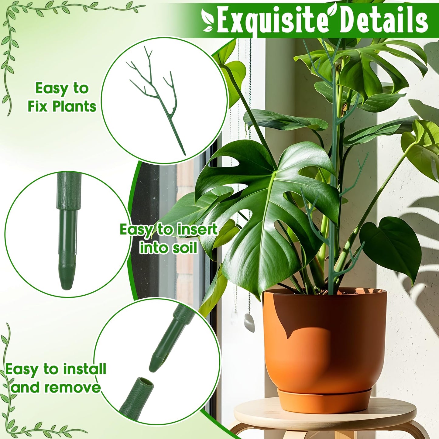 SiliFine 24 Pack Stackable Monstera Plant Support Stakes up to 39.5 Inch Adjustable Plant Support Stakes with 12 Clips and Ties for Indoor Outdoor Plants Sticks Tall Pothos Climbing