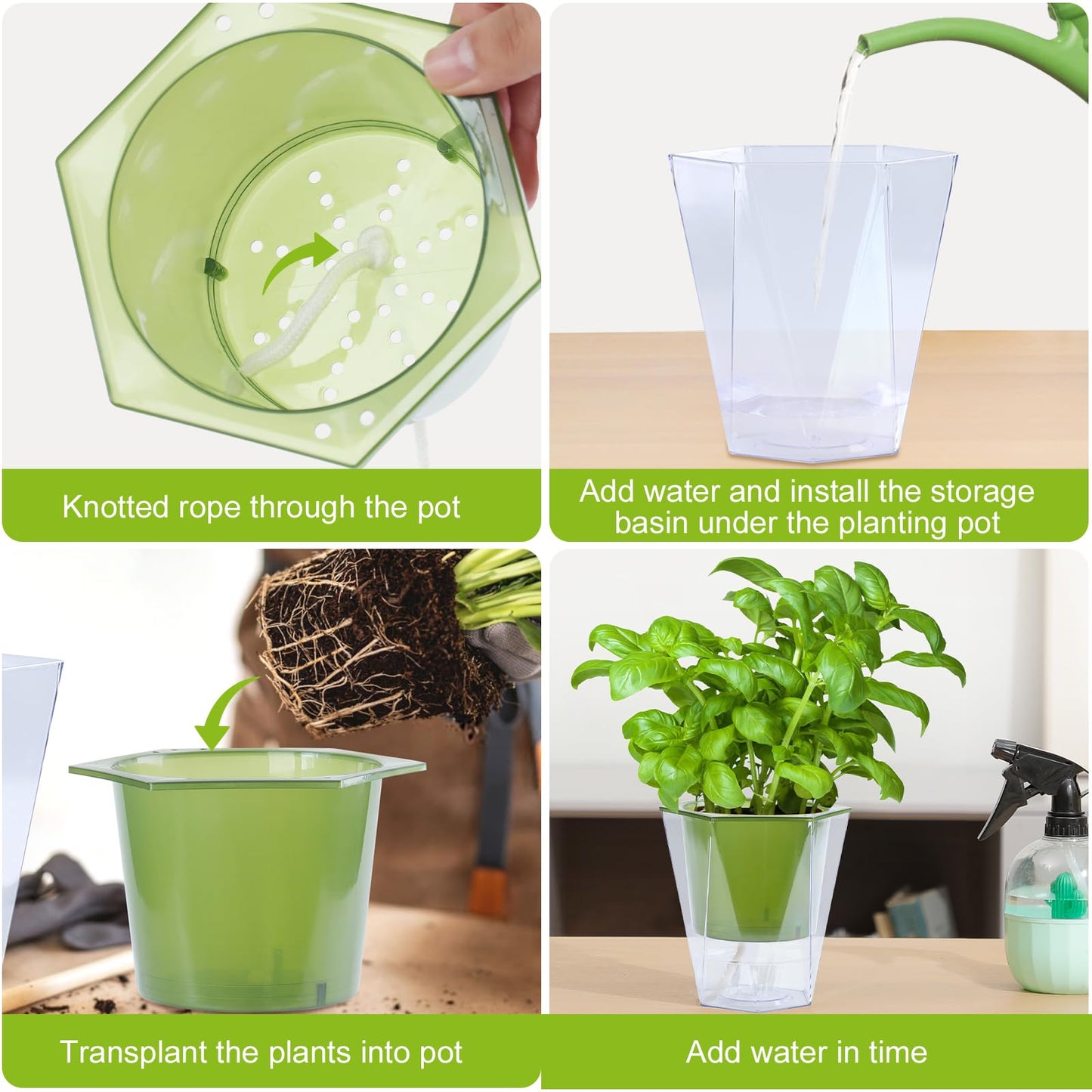 Oliz Self Watering Planter 5 Pcs, 4.5 Inch Flower Plant Pot with Transparent Inner Pot, Gardening Flowerpot with Watering Can, Indoor Self Watering Planter Pot for Herbs, Flowers (Green)