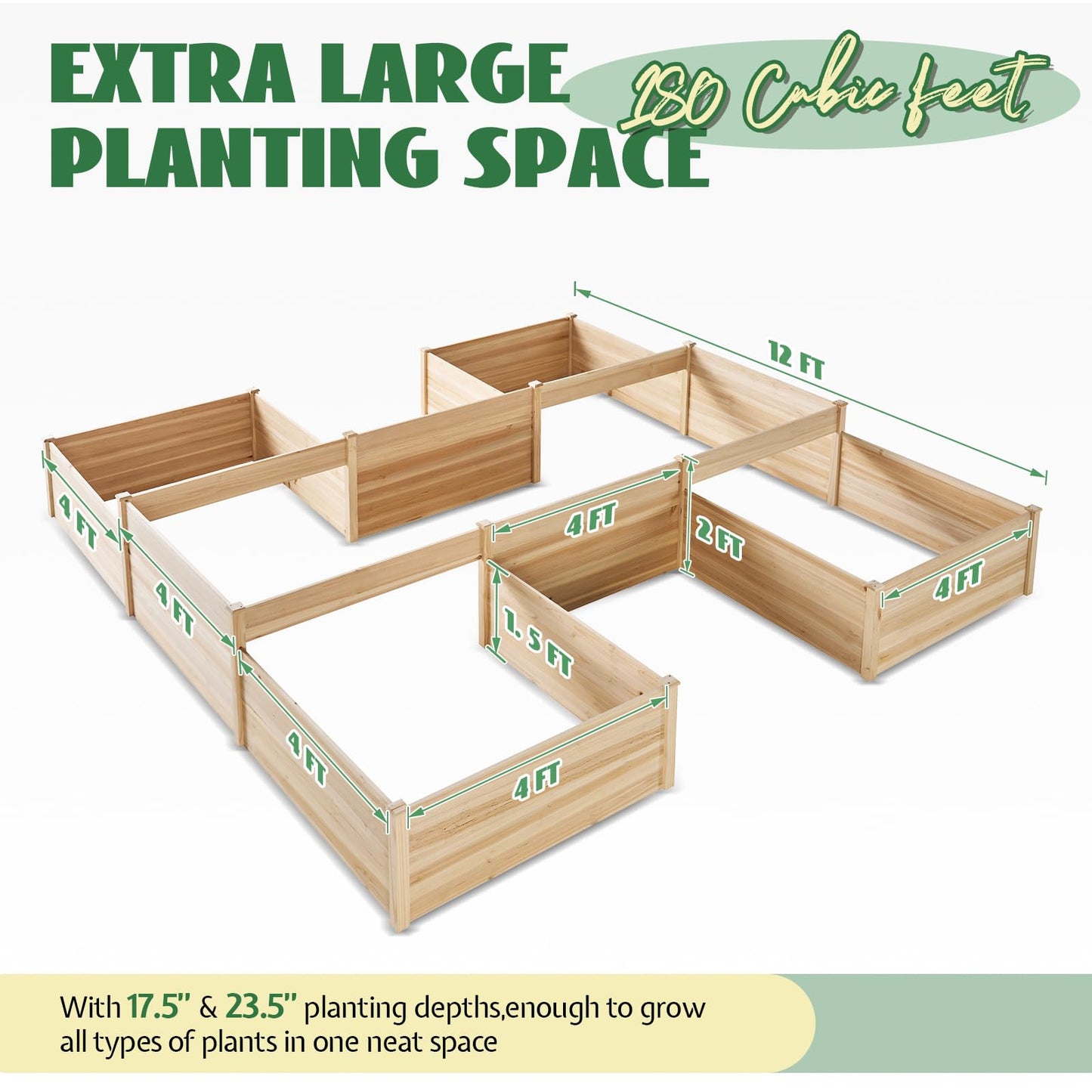 SPECRAFT H-Shaped Raised Garden Bed, 12x12x2 ft, Double-Layer Wooden Planter Box for Outdoor Patio Garden，180 cu. ft Capacity