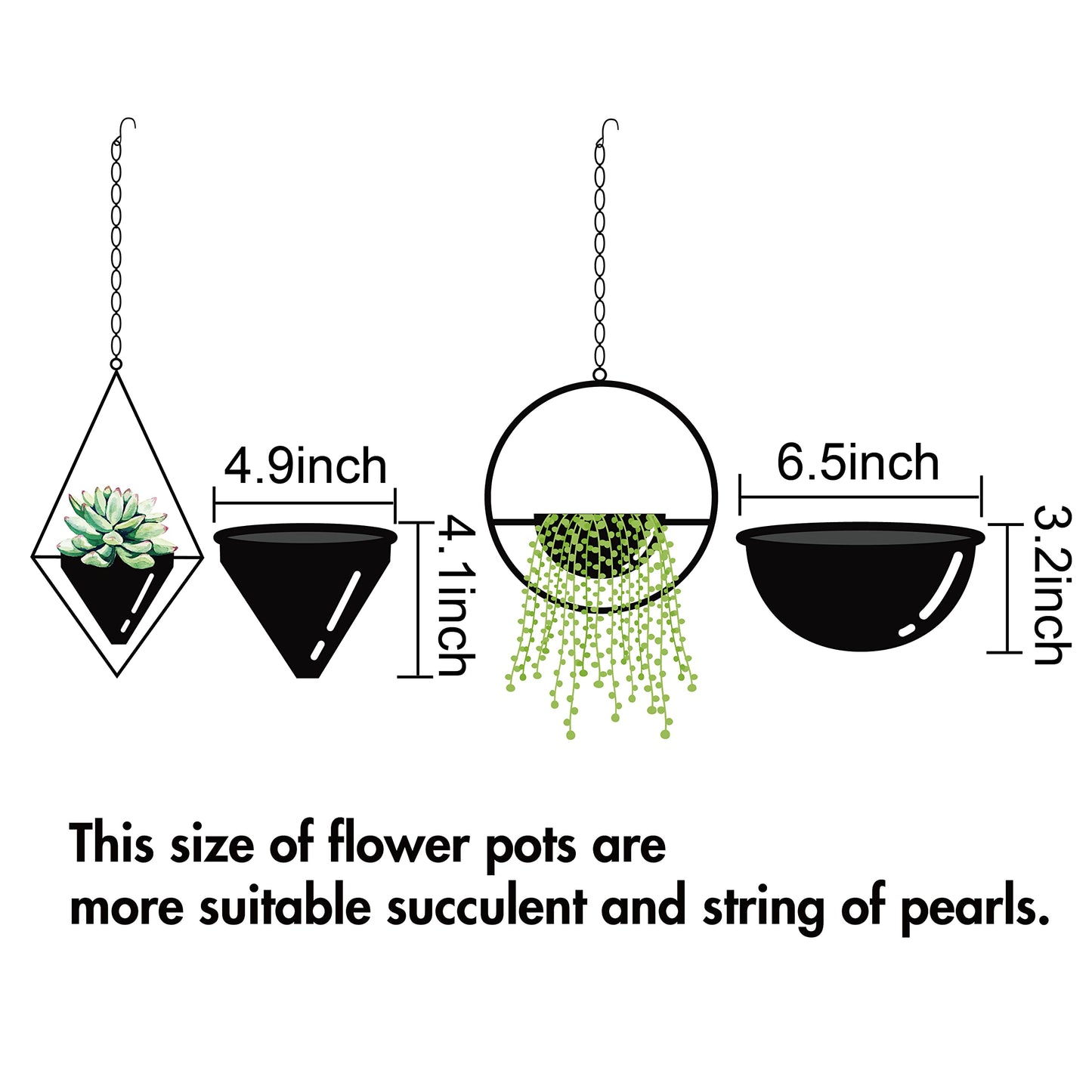 Metal Hanging Planters Set of 2 Modern Indoor Plant Hanger with Round and Diamond Pots, Geometric Small Wall and Ceiling Hanging Plant Holders for Succulents and Herbs, Black Finish