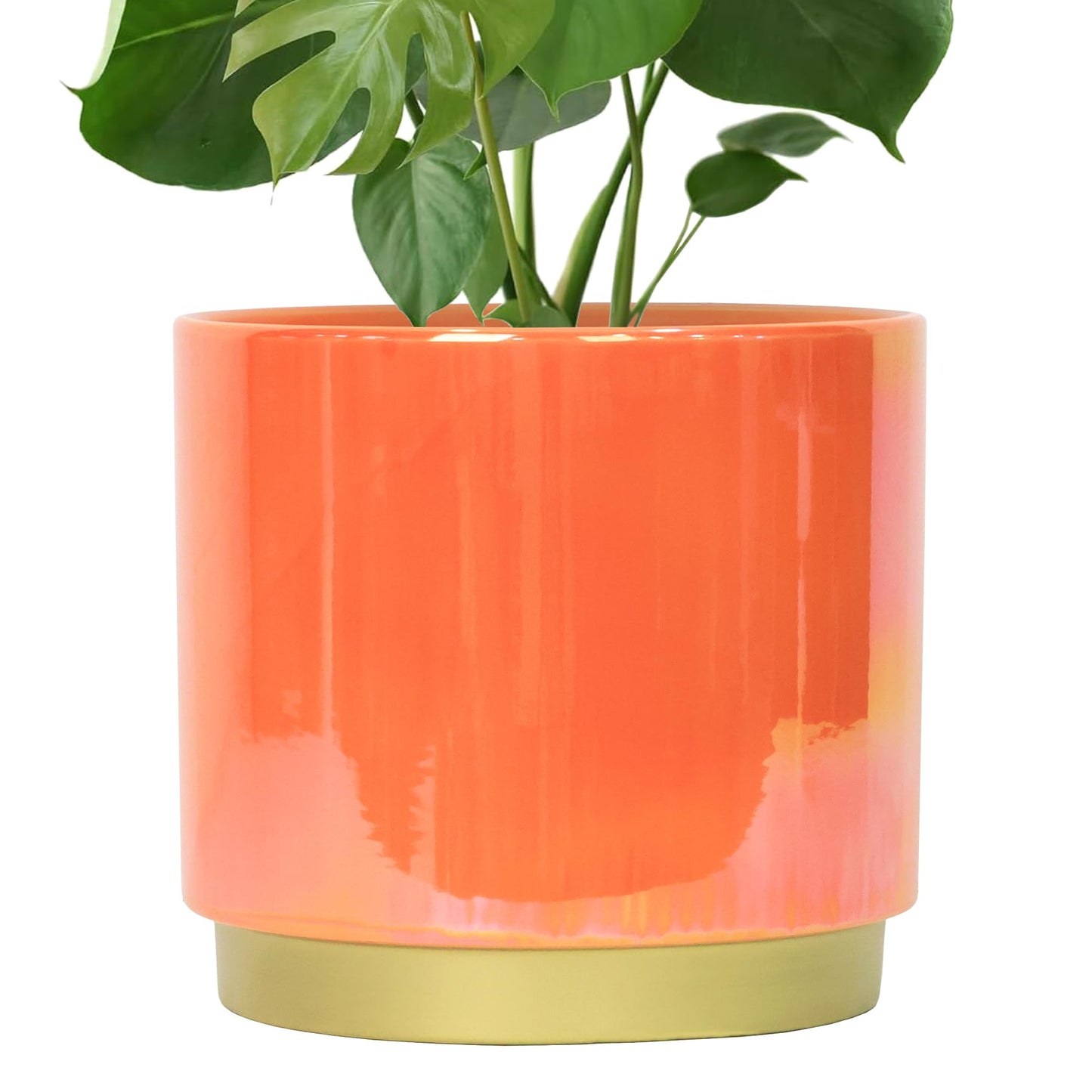 Gepege Peach Indoor Plant Pots for Plants, Large Ceramic Planter with Drainage Hole, 9.6-inch Succulent Orchid Flower Pot - Rainbow Pearl Glaze