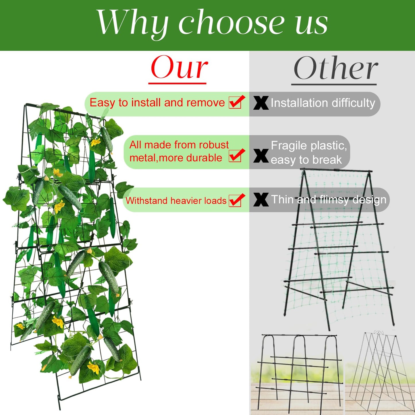 Thickened Cucumber Trellis for Raised Garden Bed,48"x16" Foldable Frame Metal Vegetable Trellis for Climbing Plants Outdoor Plant Support for Grape Tomato Peas, Fruit, Vine,Bean(Green) (2)