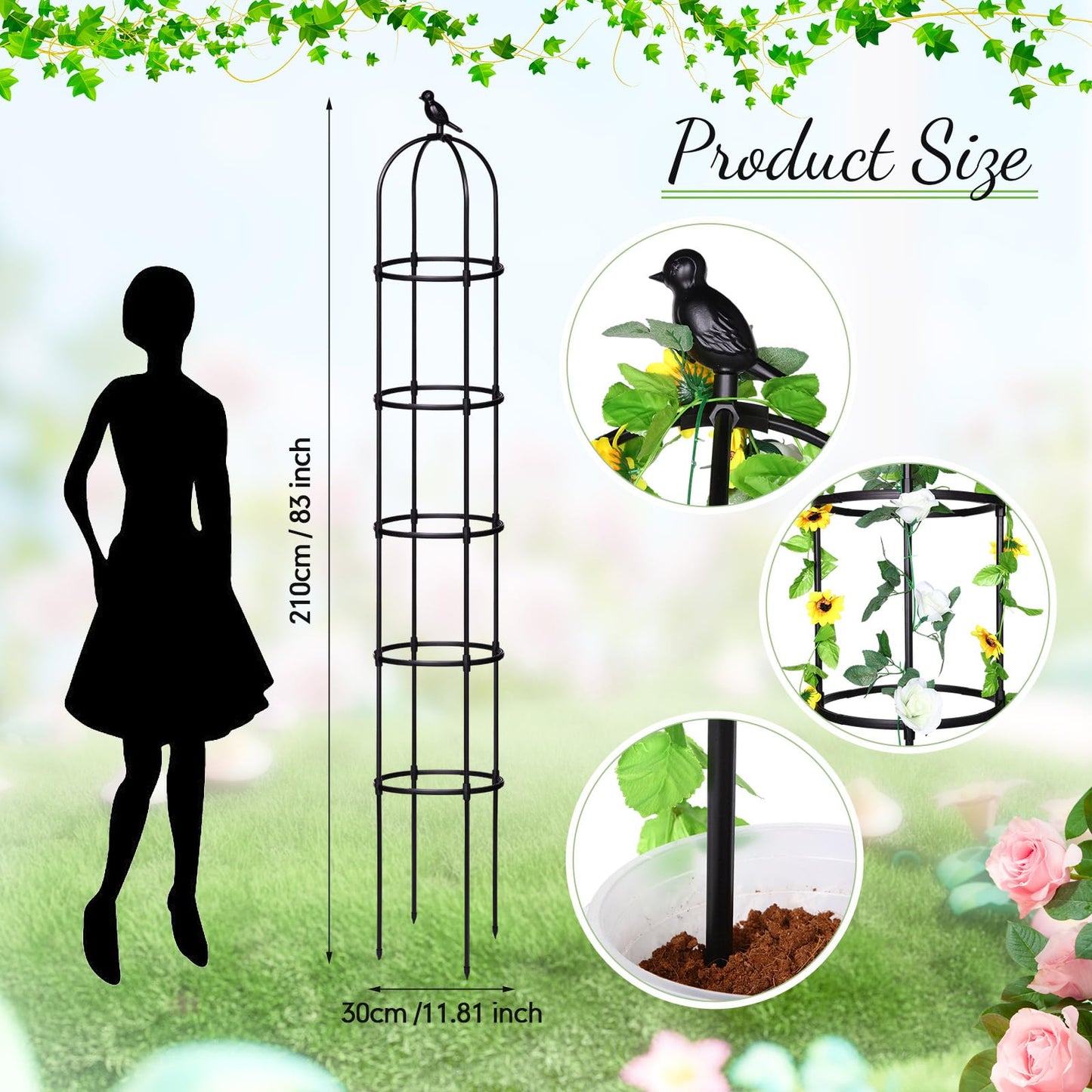 Sadnyy 2 Pack 7 ft Garden Trellis Obelisk for Rose Trellis Climbing Plants Outdoor Rustproof for Pots Tall Tower Plant Support Metal Garden Vines Flower Plants Support Outdoor Indoor (Black)