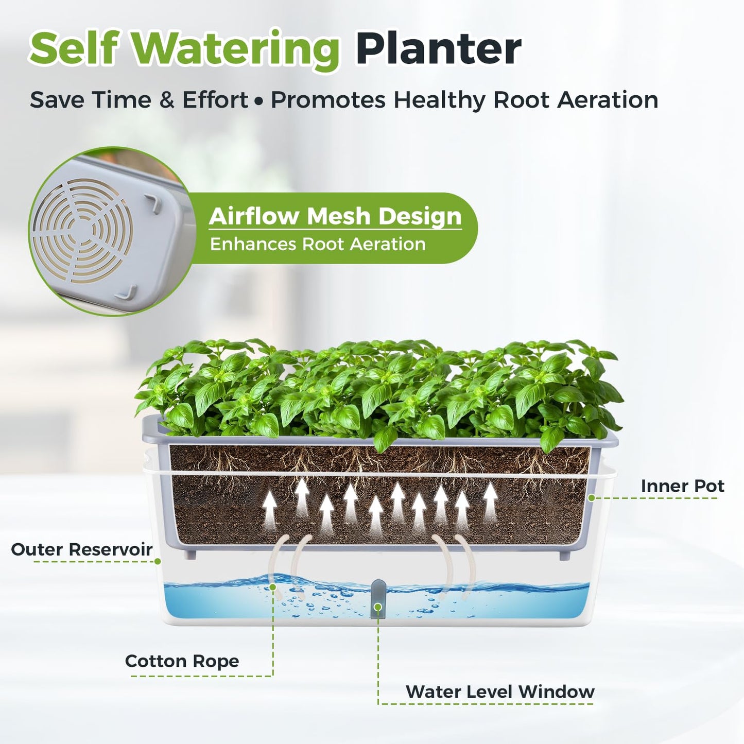 4 Pack Rectangular Planter 17 x 4.5 in Self Watering Planter Window Sill Planters Indoor Rectangle Planter Self Watering Pots Plastic Plant pots with Drainage Holes White Flower Pot Indoor