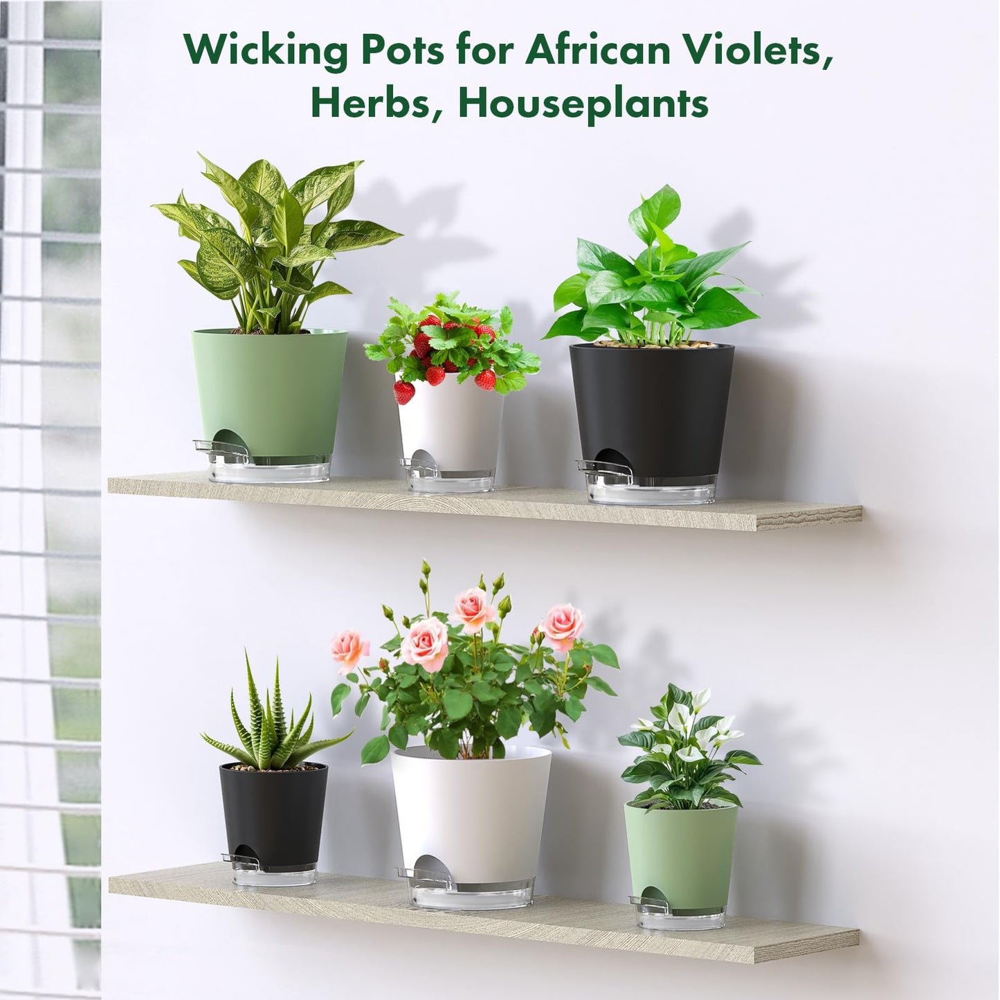 Meowell 7 inch Self Watering Pots for Indoor Plants, 5 Pack Plant Pots with Drainage Holes & Clear Reservoir for Visible Water Level, Plastic Wicking Planter Pots for House Plants and Flower, Black