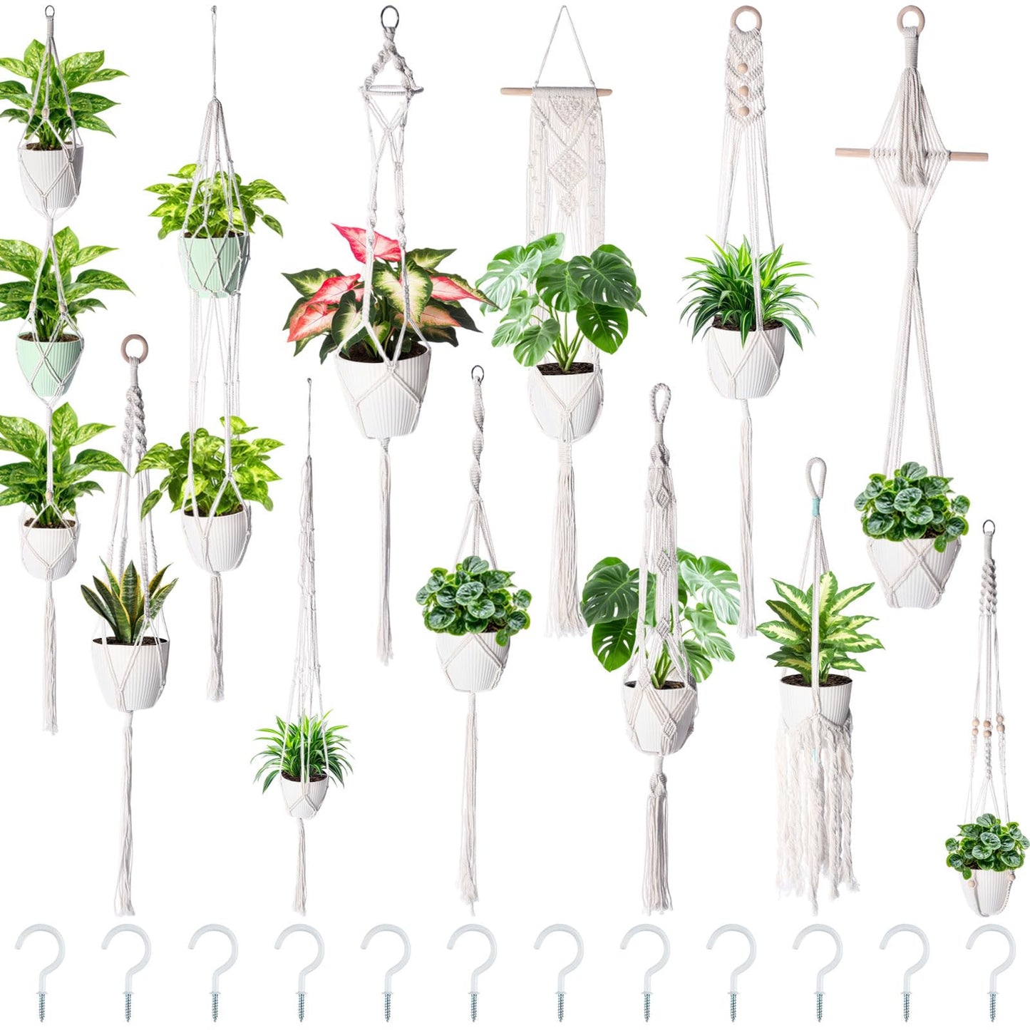 SATINIOR 12 Pcs Macrame Plant Hangers Handmade Boho Hanging Planters 12 Different Tiered Designs with 12 Hooks for Flower Pots Indoor Outdoor Decorative Wall Hanging Baskets for Home(Boho,White)