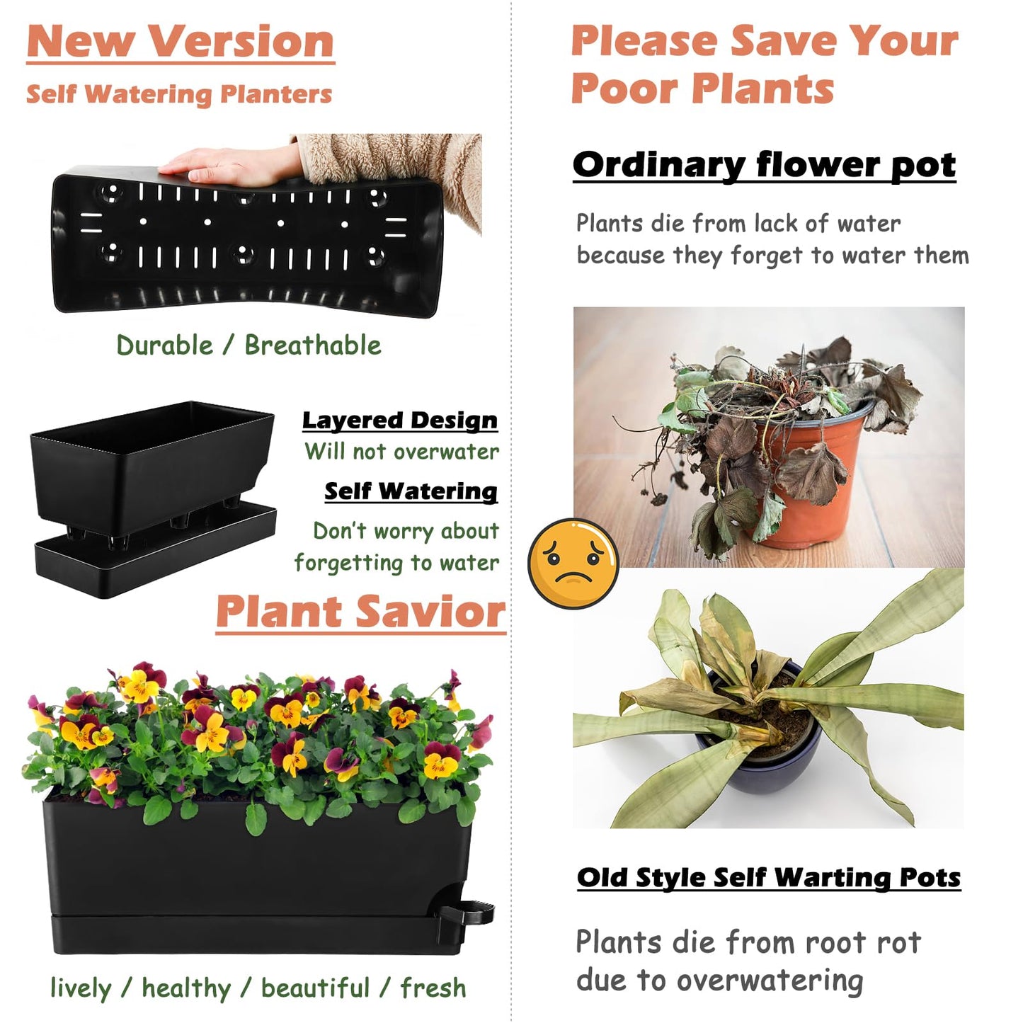 Self Watering Pots for Indoor Plants 17 Inches Window Boxes Planters Rectangular Flower Pots Rectangle Herb Pots Large Plant Pots with Drainage Holes and Saucers Windowsill Planter (4, Black)