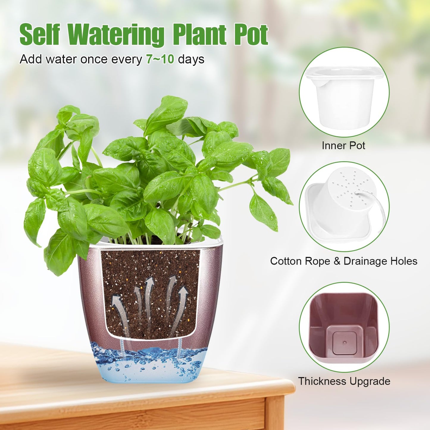 Oliz 4 Pack Self Watering Pots 4-inch Decorative Flower Planters for Indoor Plants Modern Square planters for Small Plants Window Sill Planters for Succulents, African Violets, Herbs(Rose Gold)