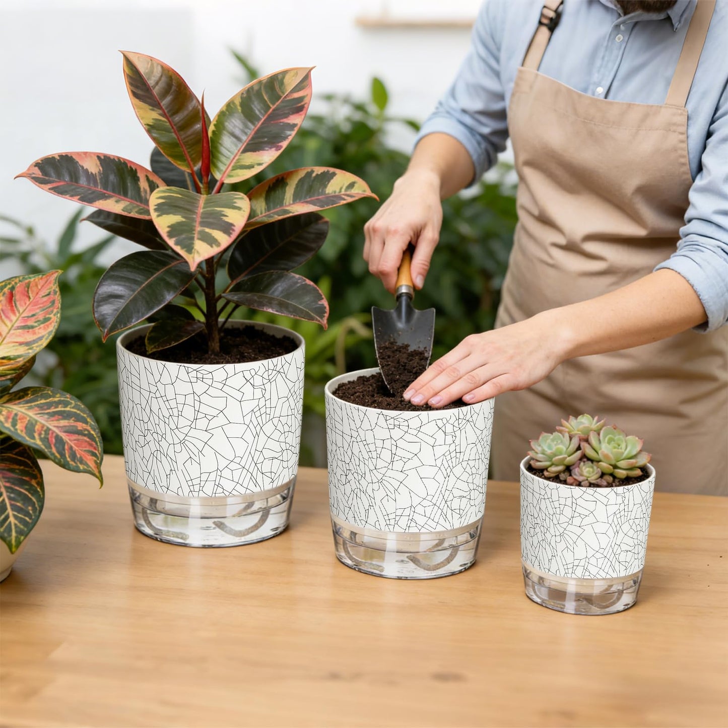 Samhe 3 Pack Self Watering Pots for Indoor Plants, 4+5.5+6.3 Inch Self Watering Plant Pots, Flower Pots with Wick Rope and Reservoir - Crack Texture