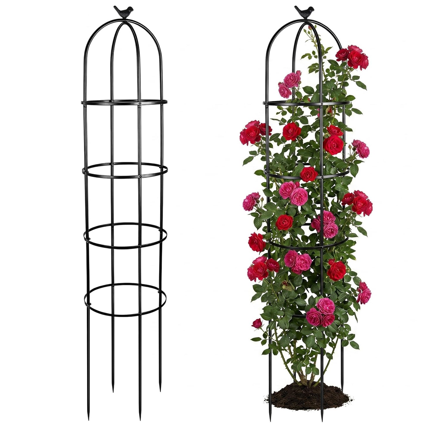 HEYTIMI 2 Pack 6 Ft Heavy Duty Metal Garden Obelisk Trellis for Climbing Plants, Rust‑Resistant Black Steel Vine Support for Rose Clematis Jasmine, Potted Flower Stand Indoor & Outdoor Decor (Bird)