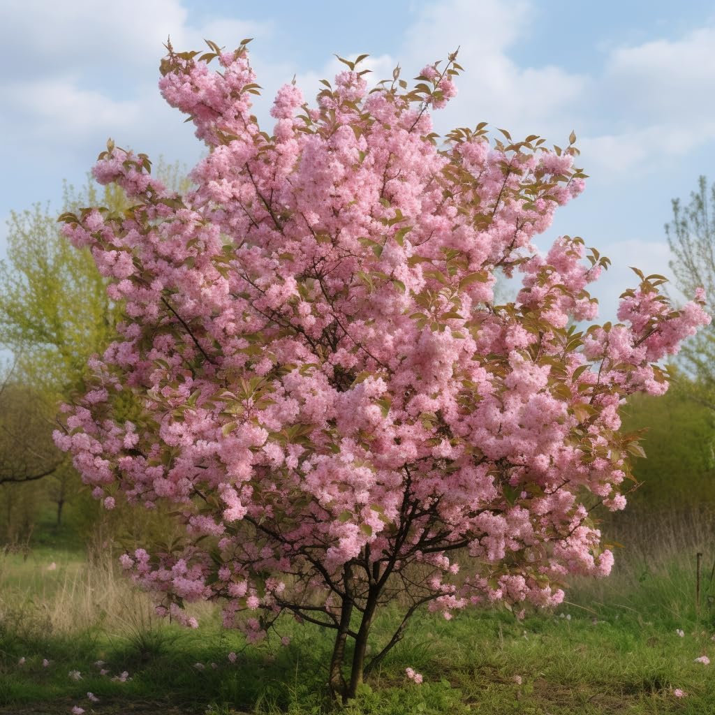 Pink Flowering Almond Shrub (Flowering Plum Bush) - 18-24" Tall Live Plant - Gallon Pot - Fragrant Pink Blossom Ornamental Tree - Prunus triloba