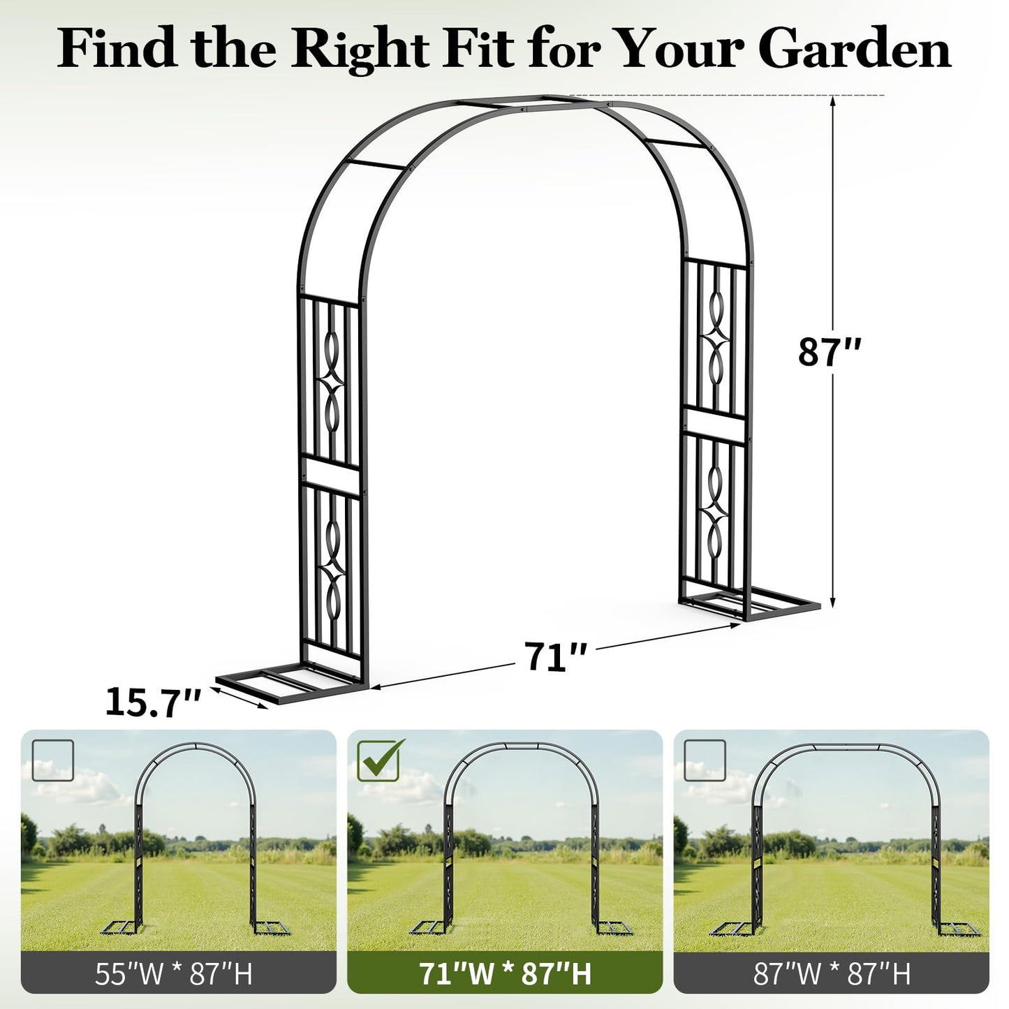 Metal Garden Arch, Heavy Duty Garden Trellis for Climbing Plants, with Enlarged Base for Stability, Perfect for Wedding Arches & Bridal Party Decorations, 71" W x 87" H