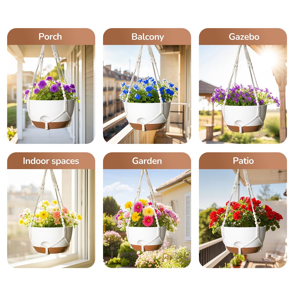LESOASIS 12 Inch Hanging Baskets for Plants Outdoor, Hanging Planters for Indoor Outdoor Plants, Hanging Planter with Self Watering, Hanging Flower Pots (White Planter with Macrame + Iron Hangers)