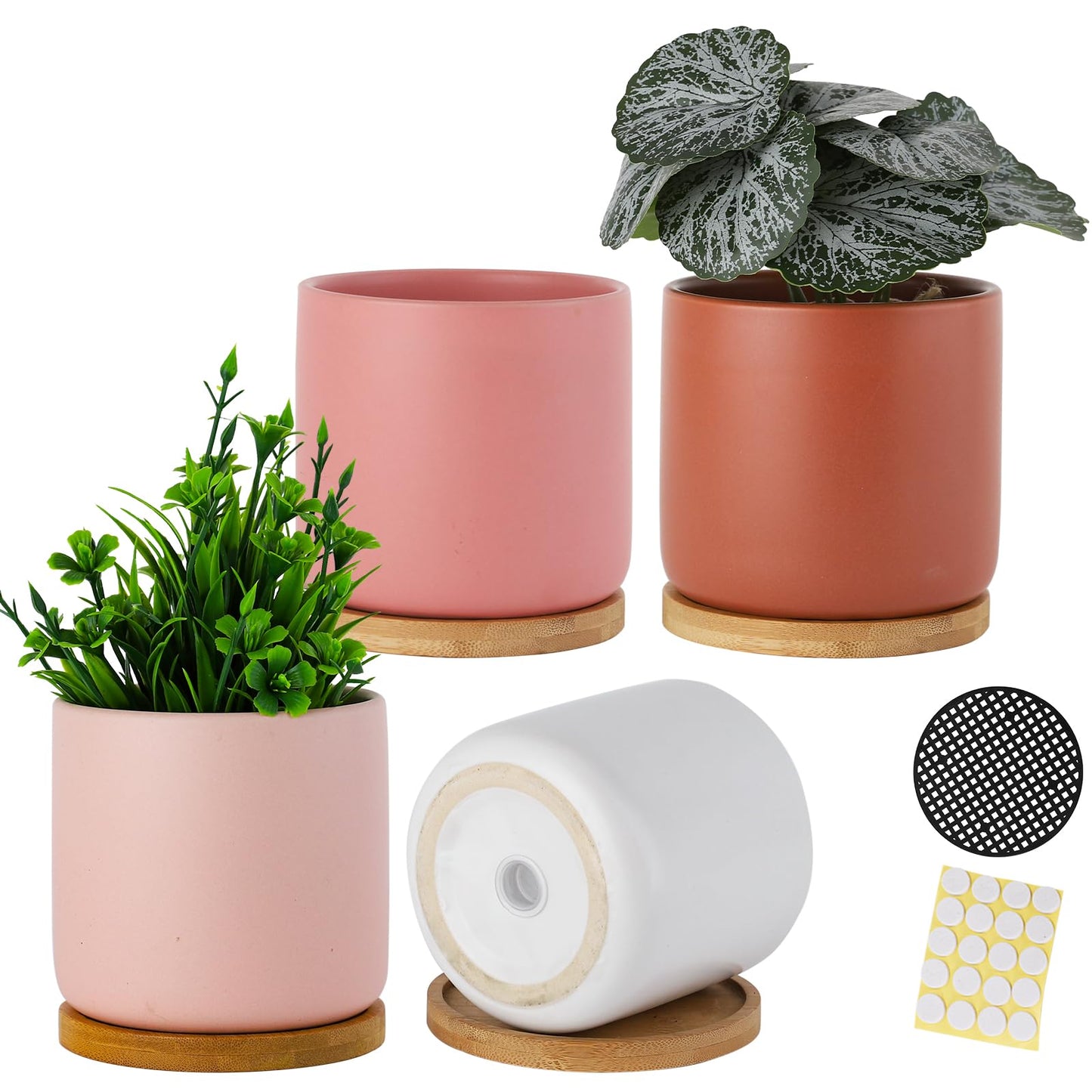 4 Inch Ceramic Plant Pots with Drainage Holes and Trays, Adorable Small Cylinder Flower Planter Pot with Saucers for Indoor Plants, Succulent, Snake Plants, Cactus & Herbs, Multicolor, Set of 4