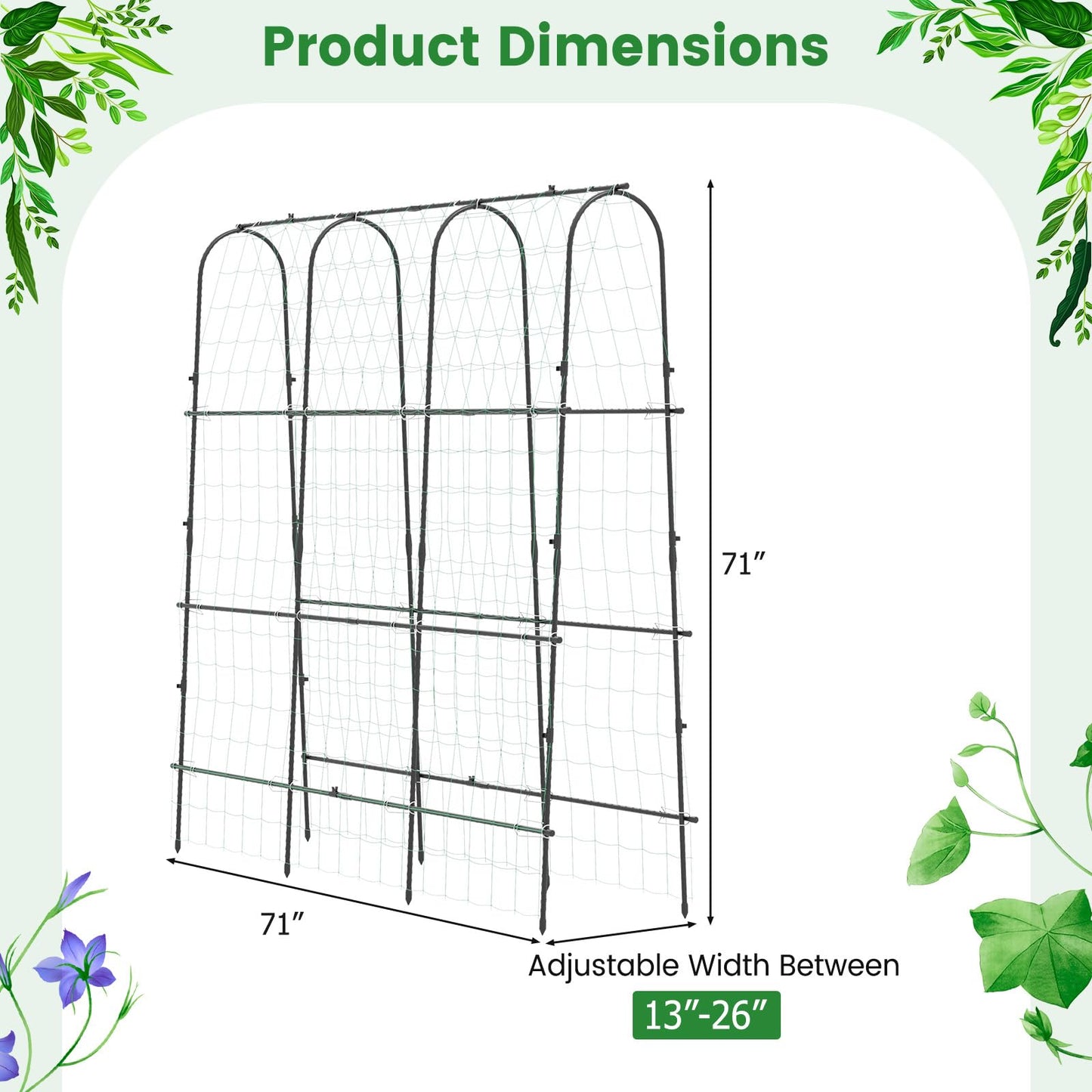 Toolsempire 71" x 71" Cucumber Trellis for Raised Bed, Garden Arch Trellis Metal Plant Support Frame with Netting, Sure-Clips & Ground Stakes, U-Shaped Garden Trellis for Climbing Plants Outdoor