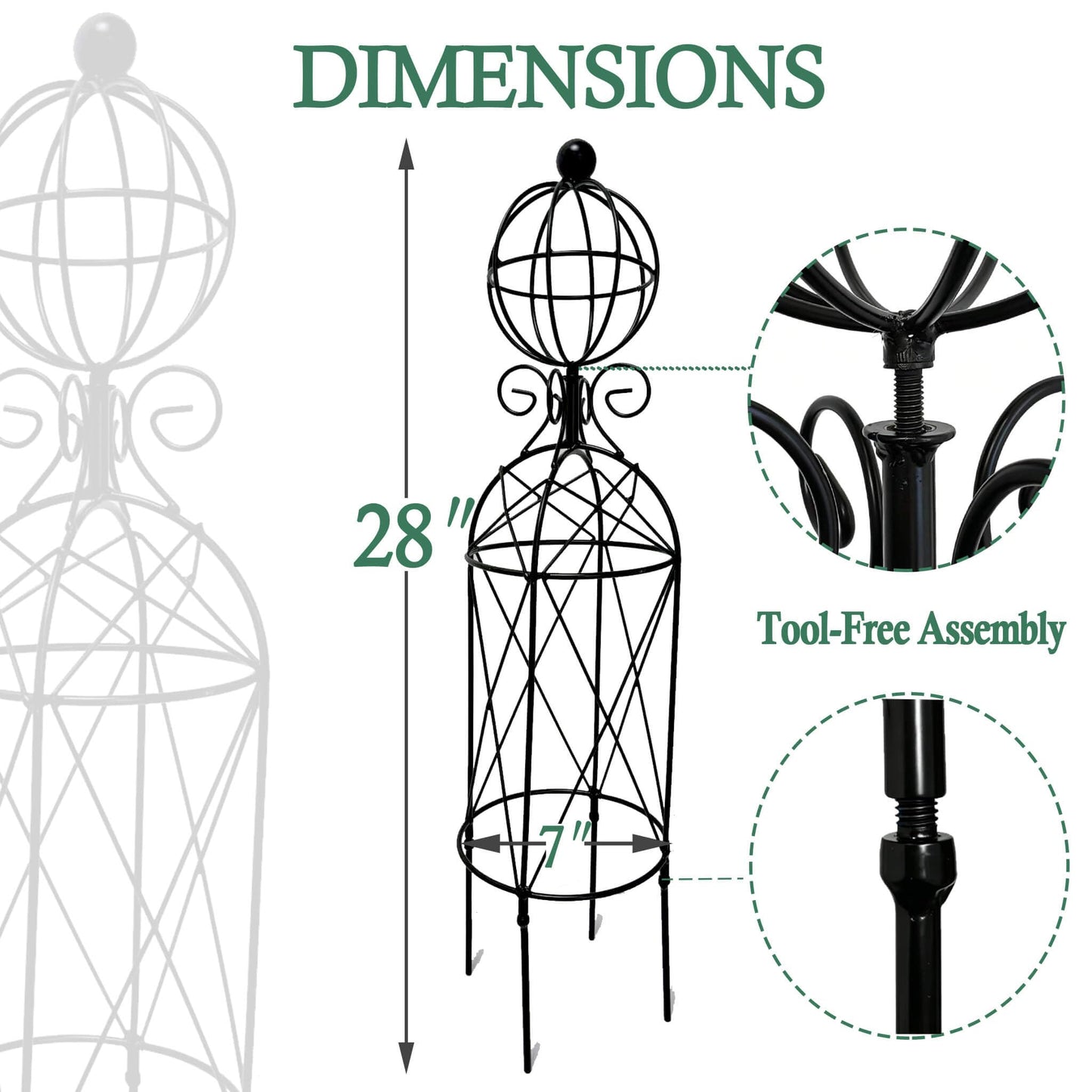 2-Pack Garden Obelisk Trellis, 28" Tall Black Iron Plant Support for Climbing Plants & Flowering Vines, Tool-Free Threaded Assembly, Decorative Accent for Patio Planters & Balcony Gardens