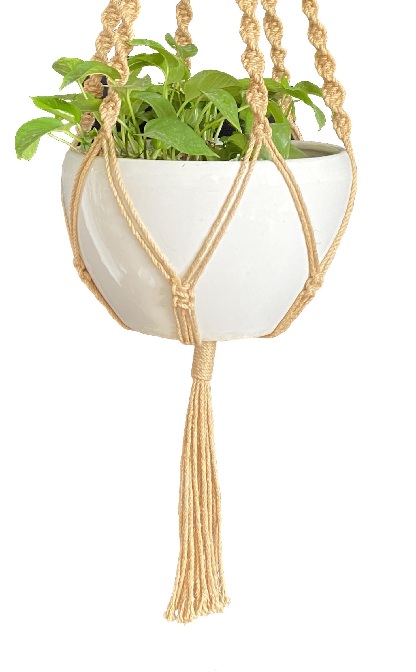 6 Legs Macrame Natural Jute and Cotton Plant Hanger & Holder and Metal Ring, 51-inches Length (Without The White Pot and Plant) (Jute) (Brown-Jute)