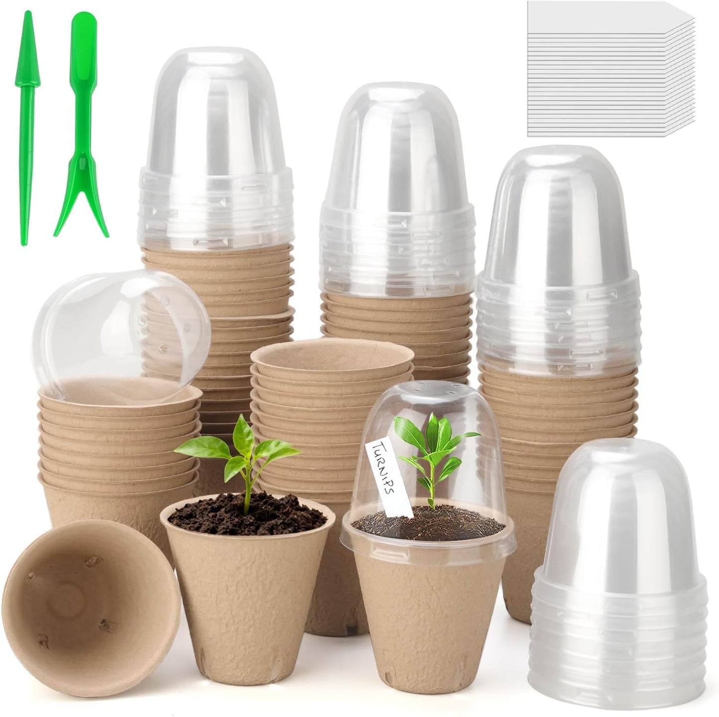 DJGINRO 50 Set 3.15 Inch Peat Pots Plant Starters for Seedling with Humidity Dome,Herb Seed Starter Pots Kits, Garden Germination Nursery Pot wit 50 Plant Labels, 2 Transplant Tools.