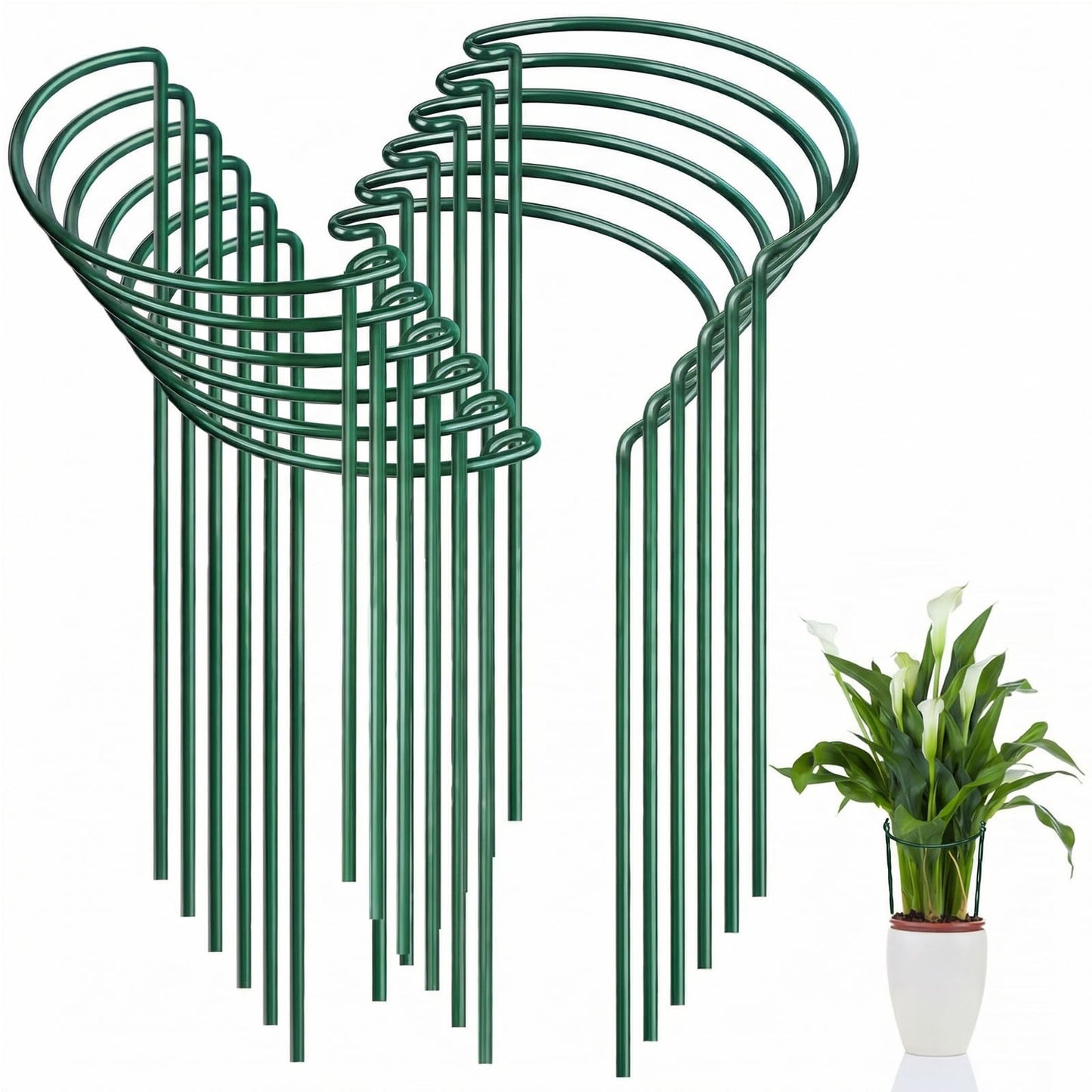FEED GARDEN 12 Pack Plant Support Stakes, Peony Cages and Supports, Metal Garden Plant Stake(10" Wide x 16" High) Green Half Round Plant Support Rings for Outdoor Indoor Plants, Tomato, Hydrangea